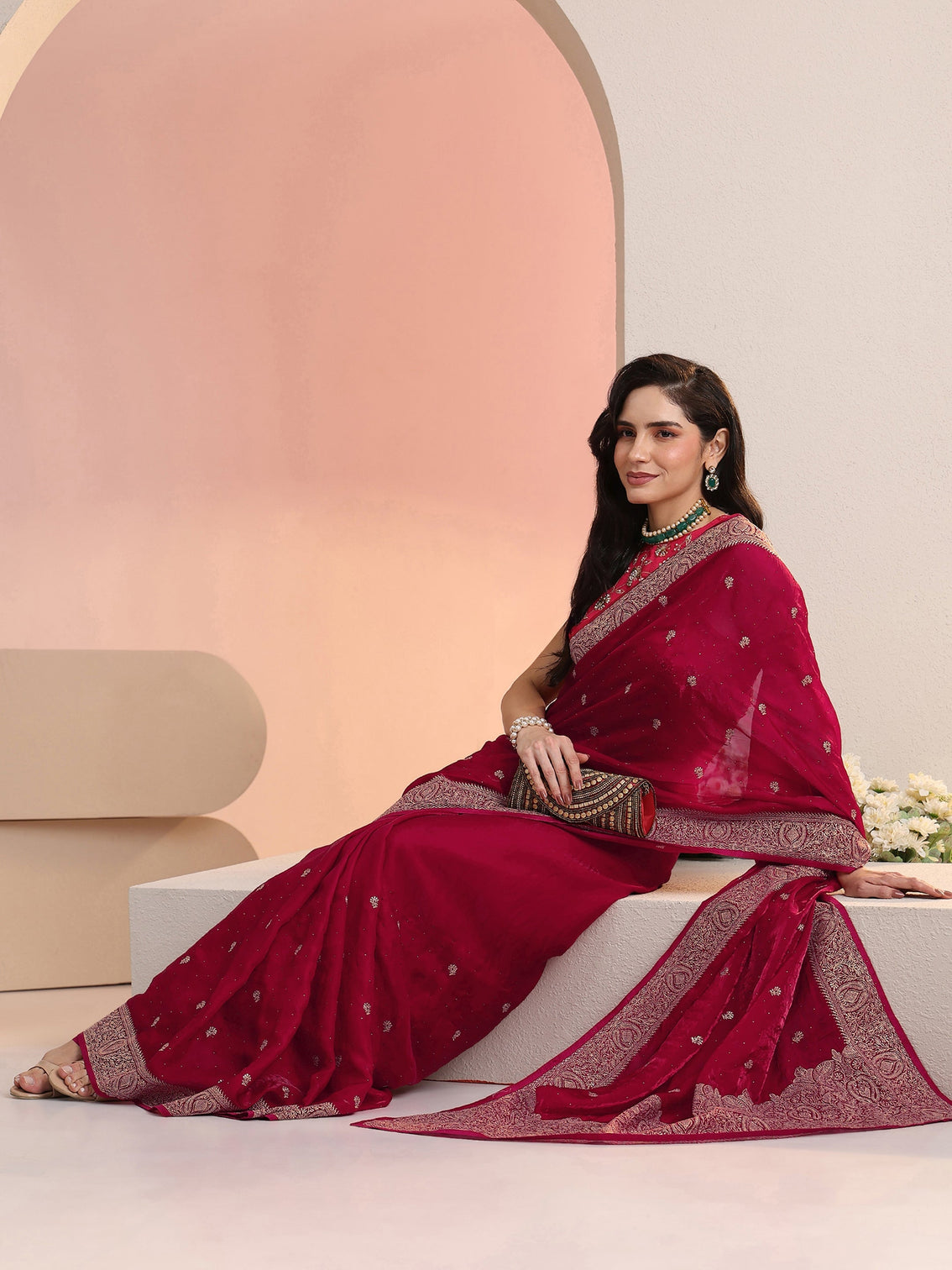 Mameraa Rani Pink Embroidered Tissue Saree