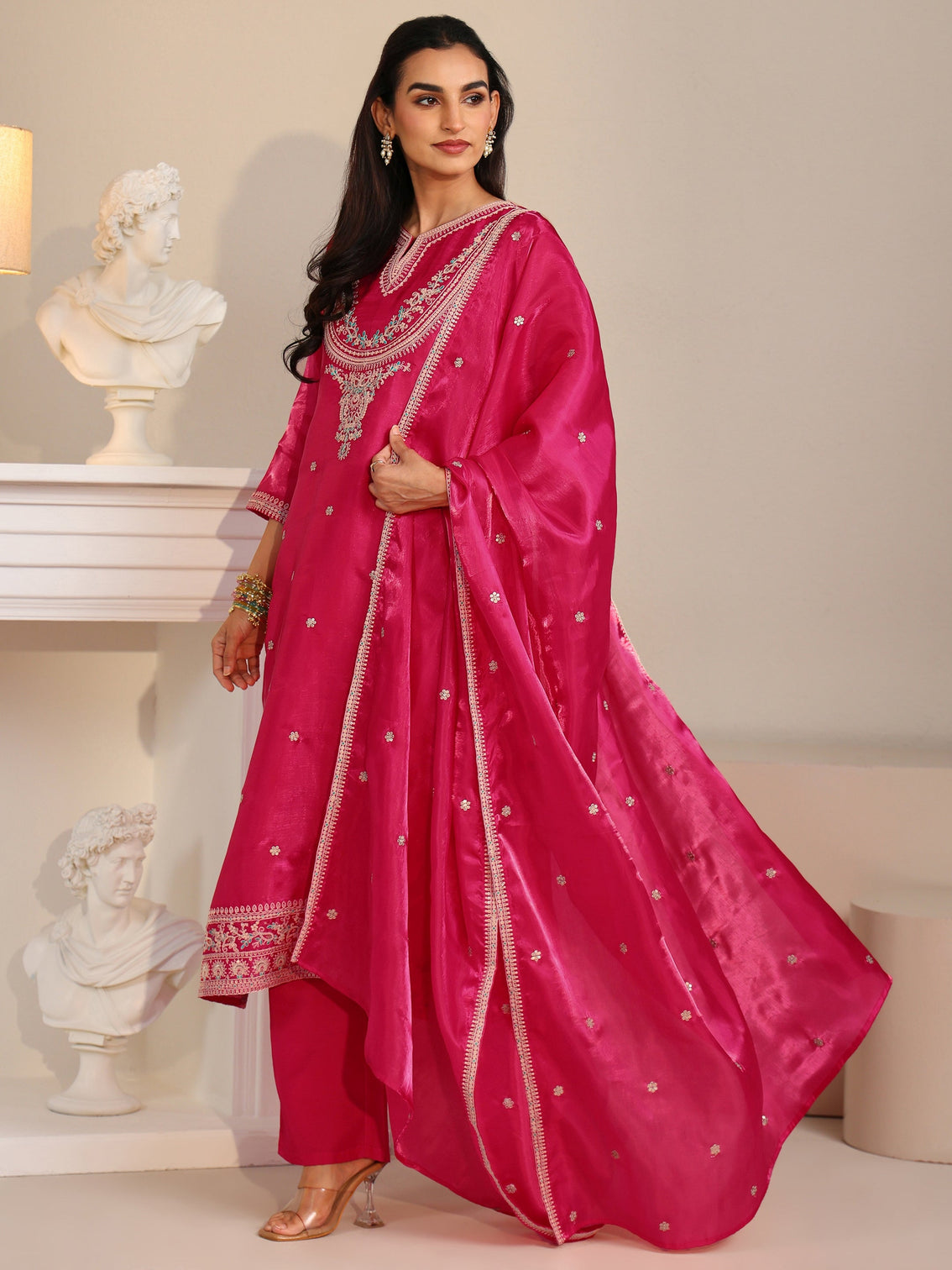 Mameraa Rani Pink Ethnic Embroidered Tissue Straight Suit Set