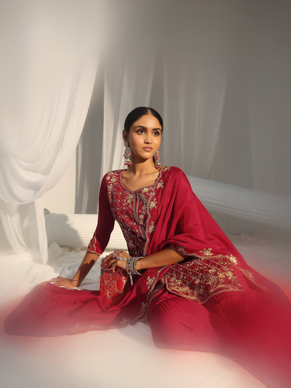 Mameraa Rani Pink Floral Embroidered Chanderi Cotton Sharara Suit Set