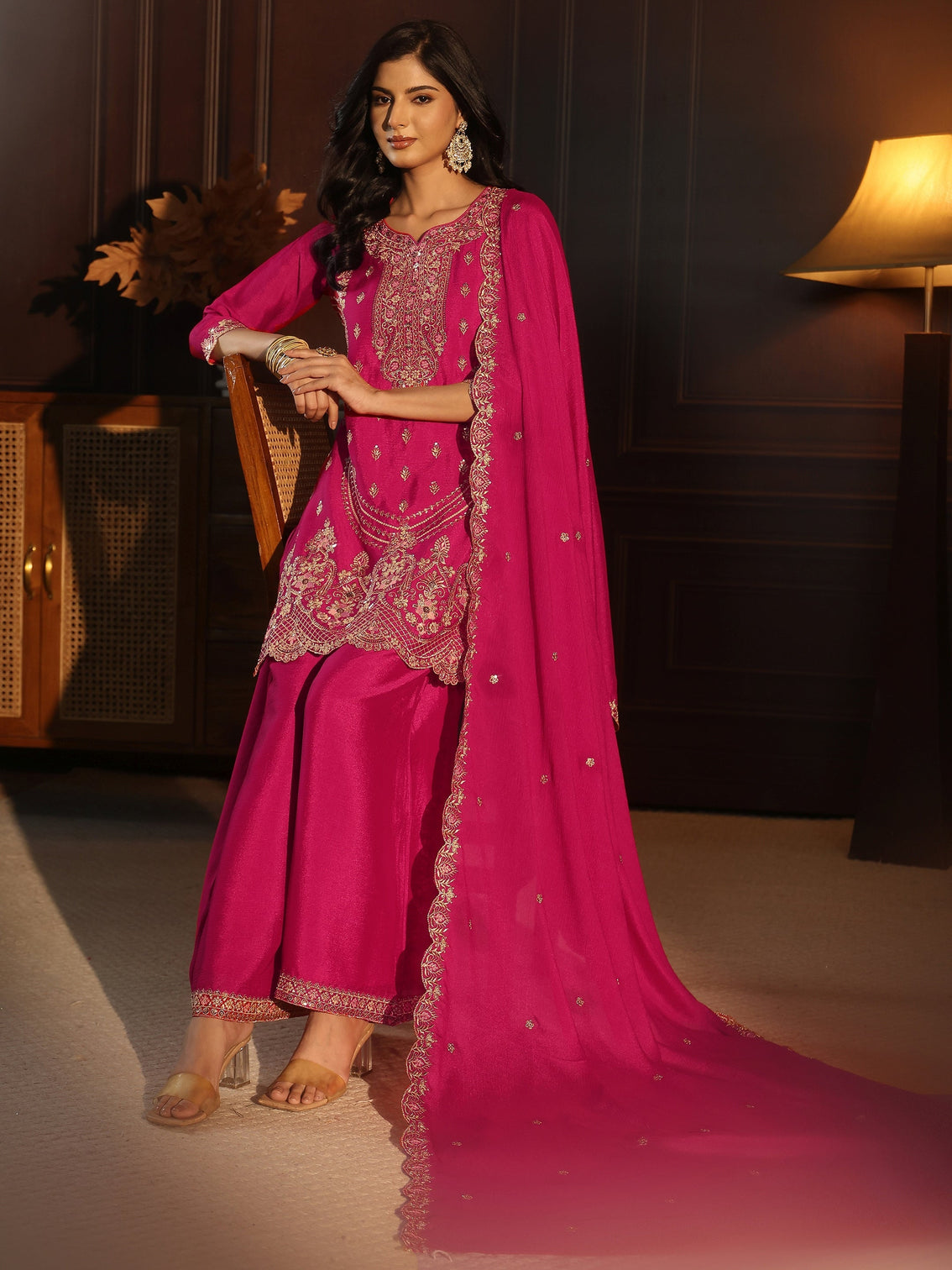 Mameraa Rani Pink Floral Embroidered Chinon Palazzo Suit Set