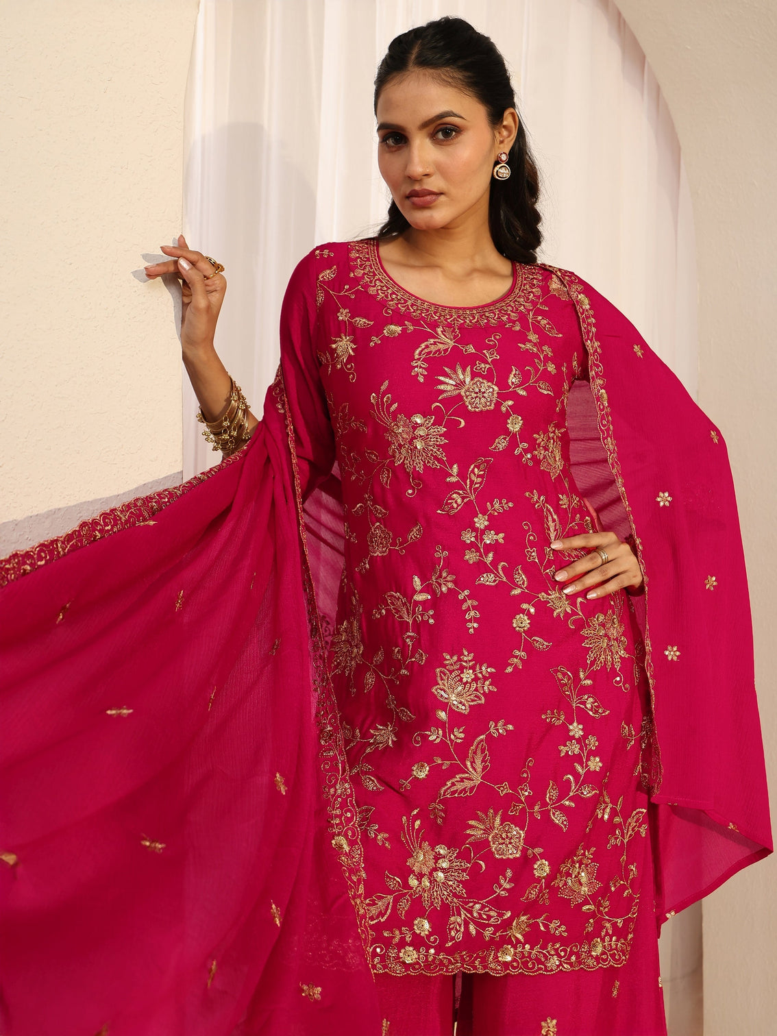 Mameraa Rani Pink Floral Embroidered Chinon Palazzo Suit Set