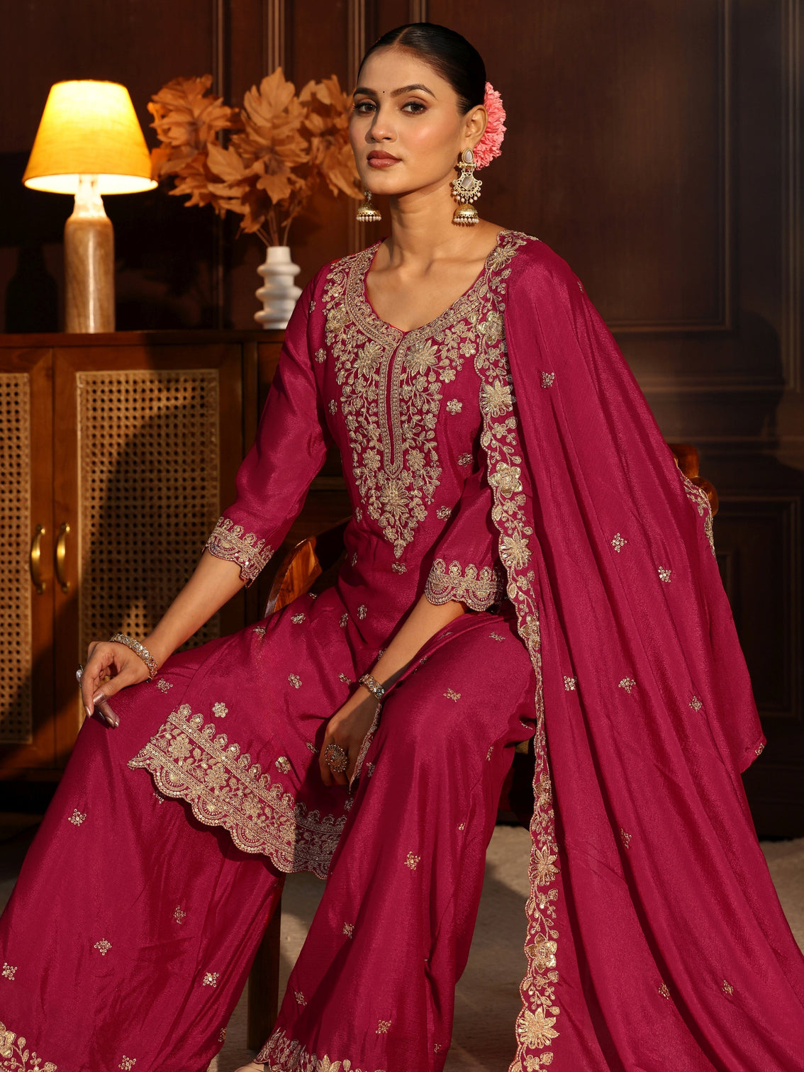 Mameraa Rani Pink Floral Embroidered Chinon Palazzo Suit Set