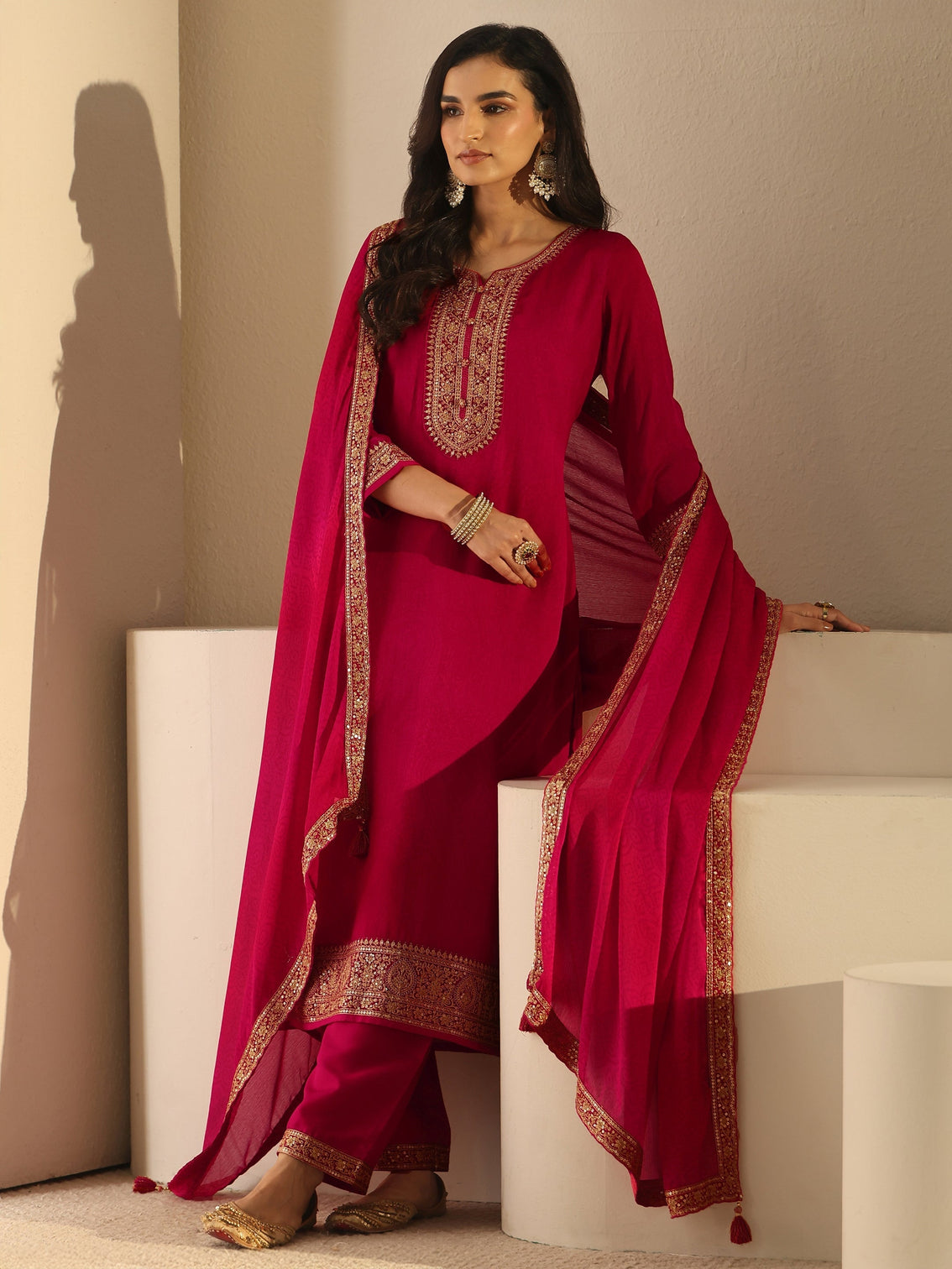 Mameraa Rani Pink Floral Embroidered Chinon Straight Suit Set