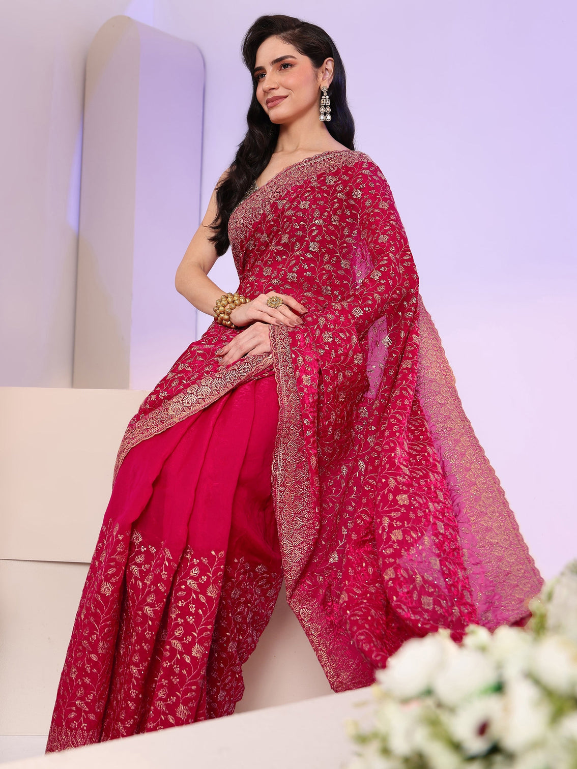 Mameraa Rani Pink Floral Embroidered Georgette Saree