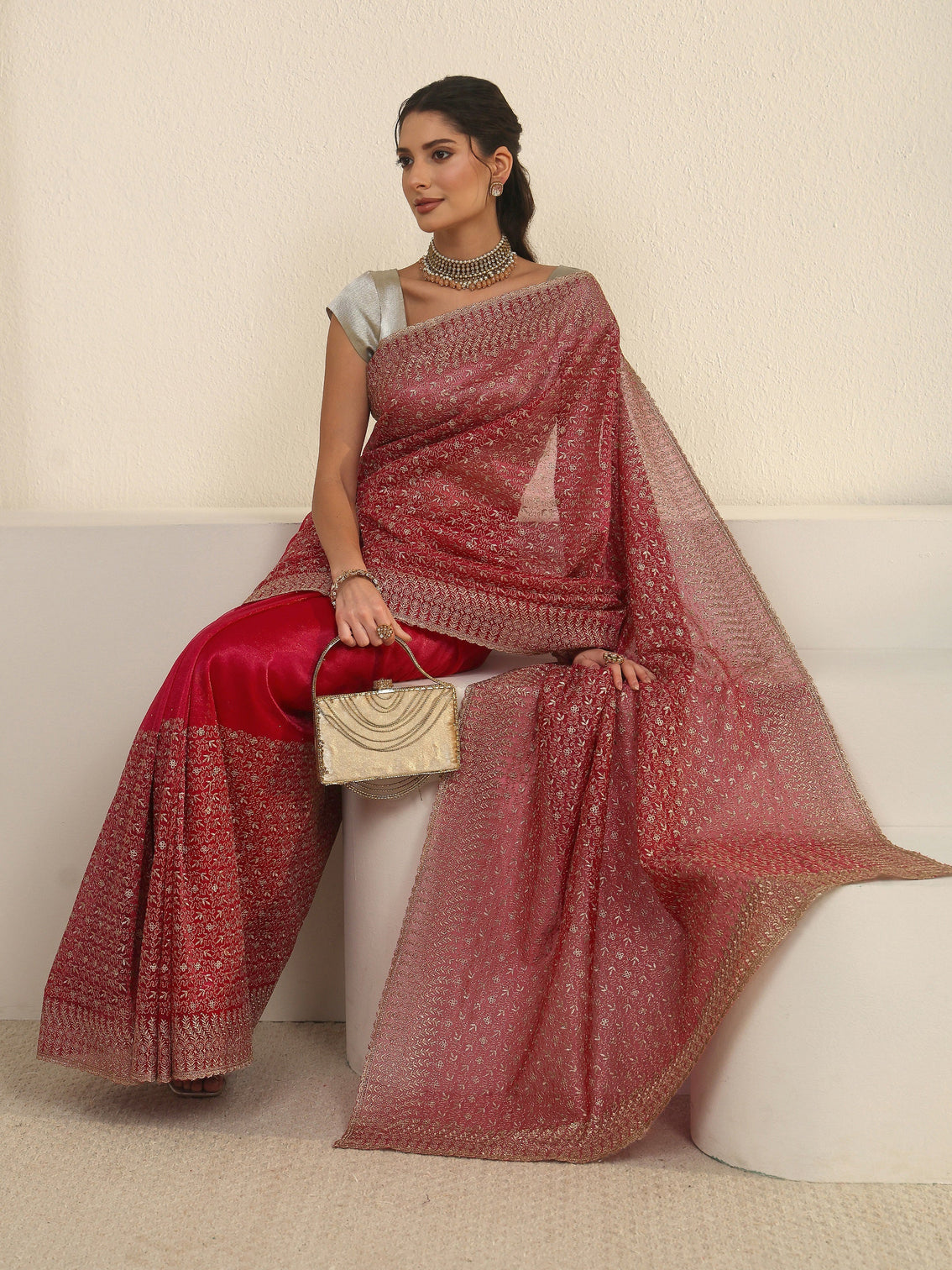 Mameraa Rani Pink Floral Embroidered Net Saree