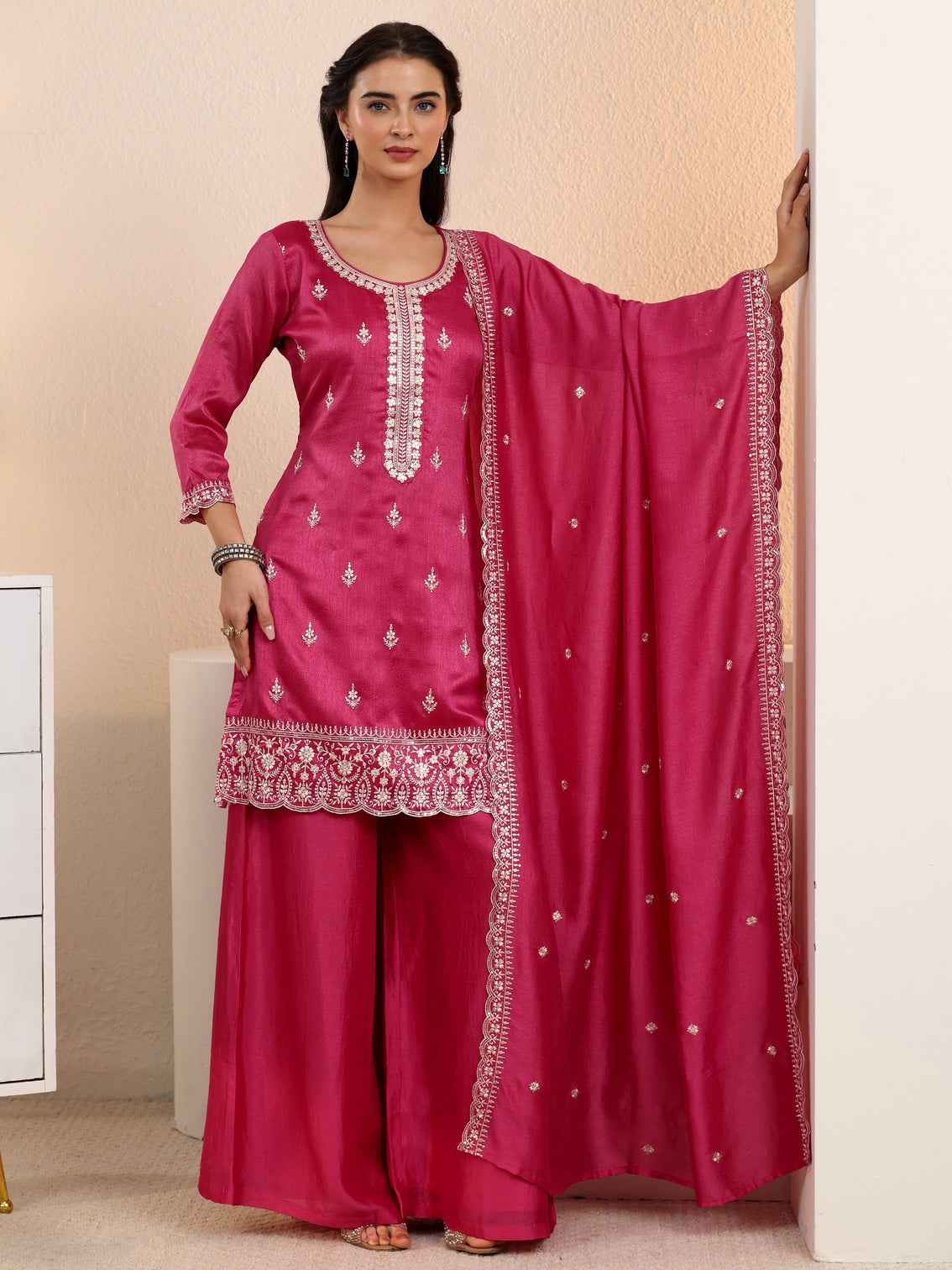 Mameraa Rani Pink Floral Embroidered Silk Blend Palazzo Suit Set