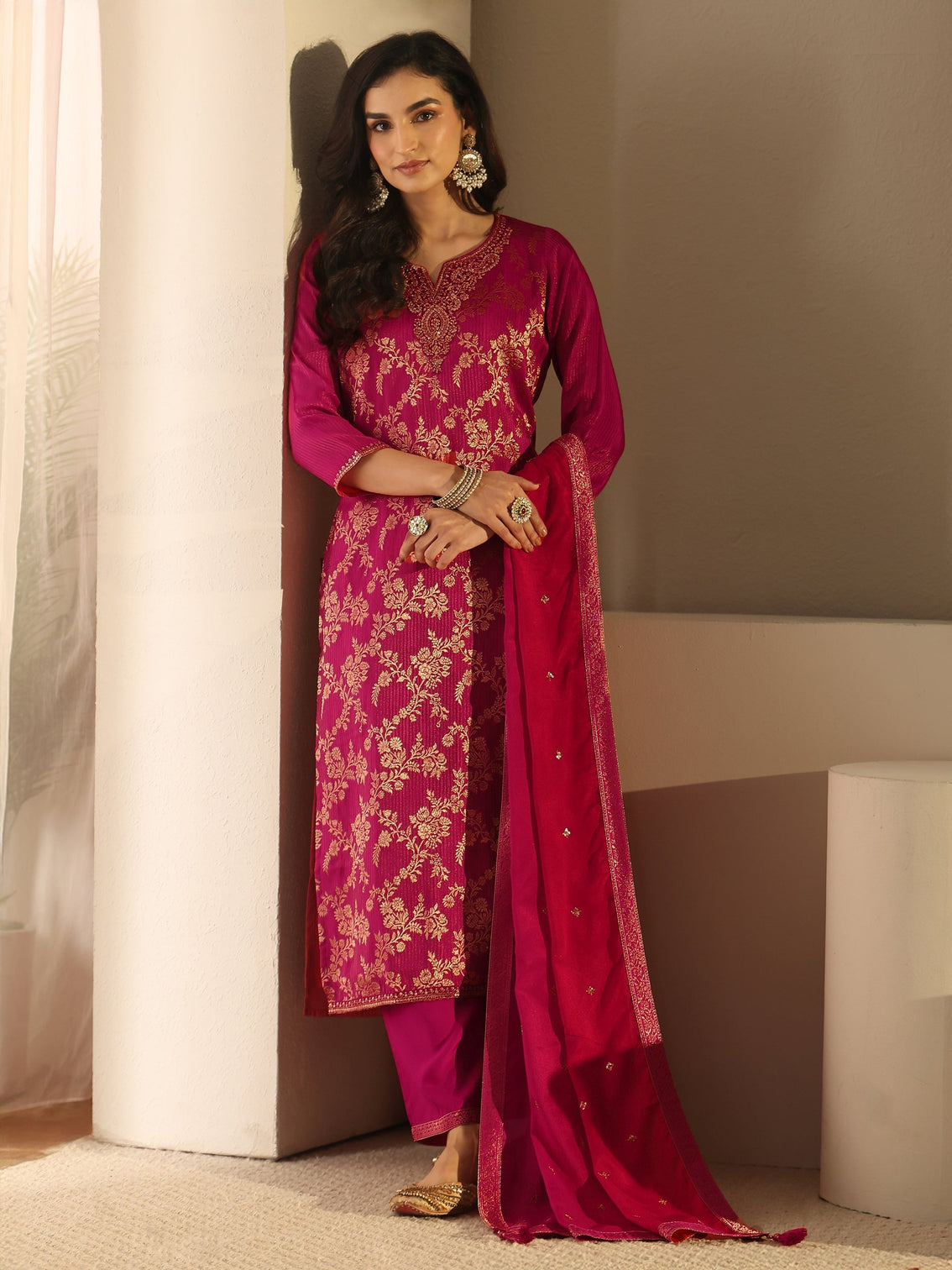 Mameraa Rani Pink Floral Embroidered Silk Blend Straight Suit Set