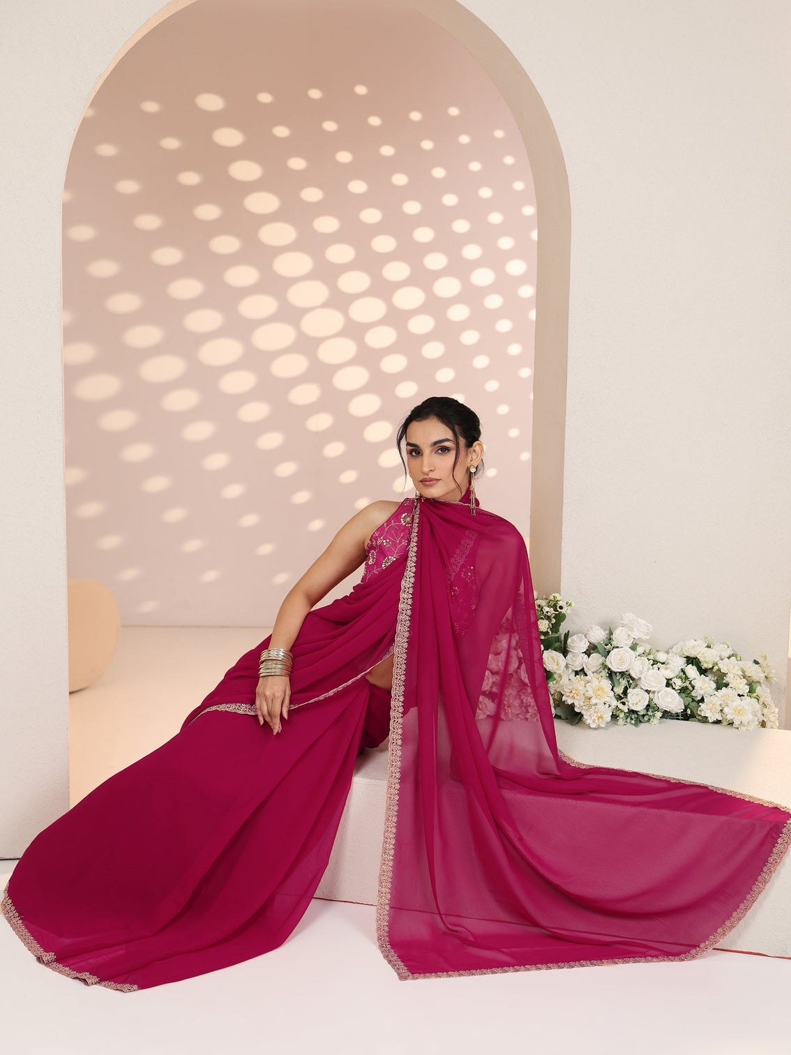 Mameraa Rani Pink Georgette Saree with Embroidered Border