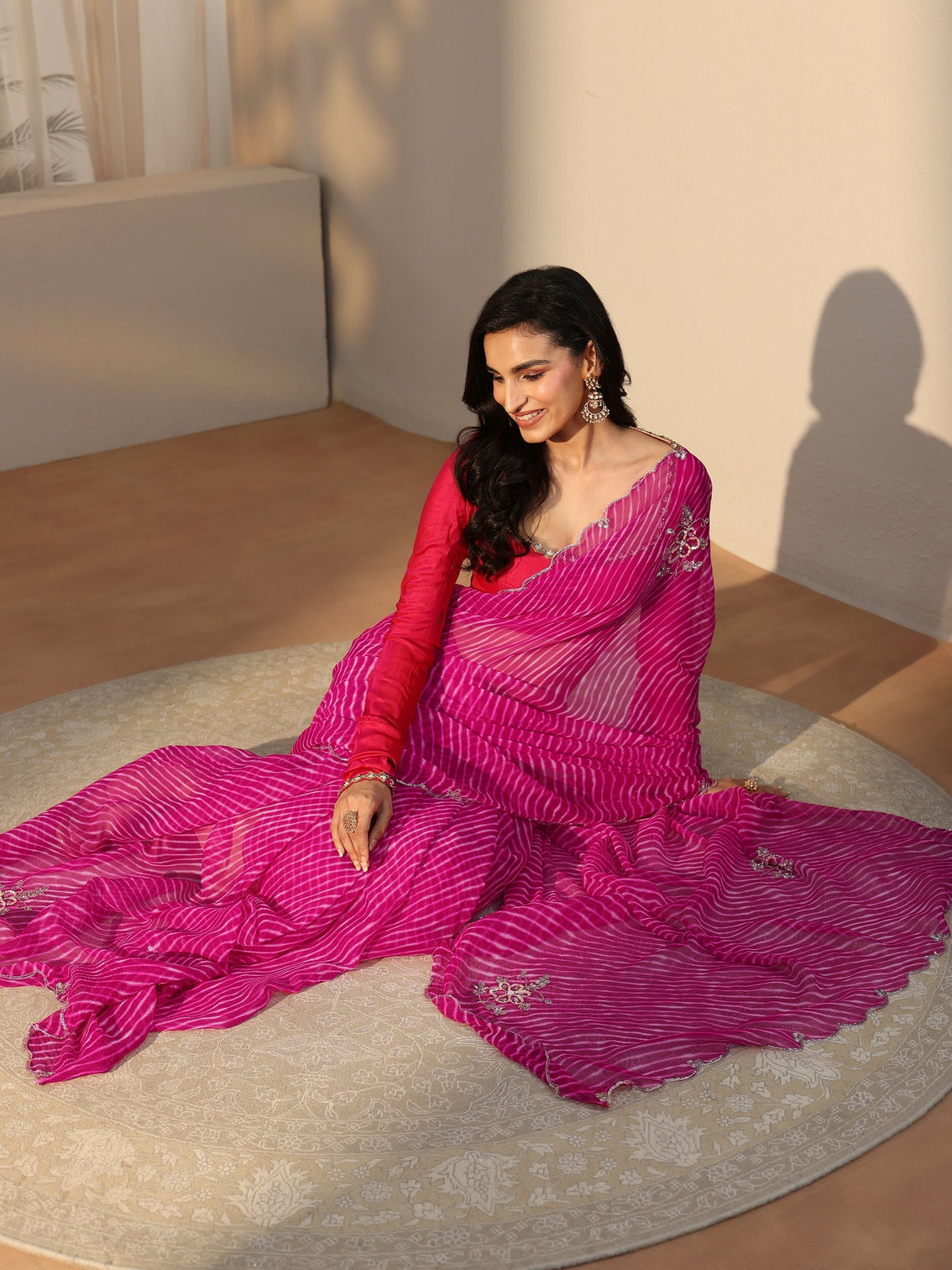 Mameraa Rani Pink Leheriya Printed Chiffon Saree