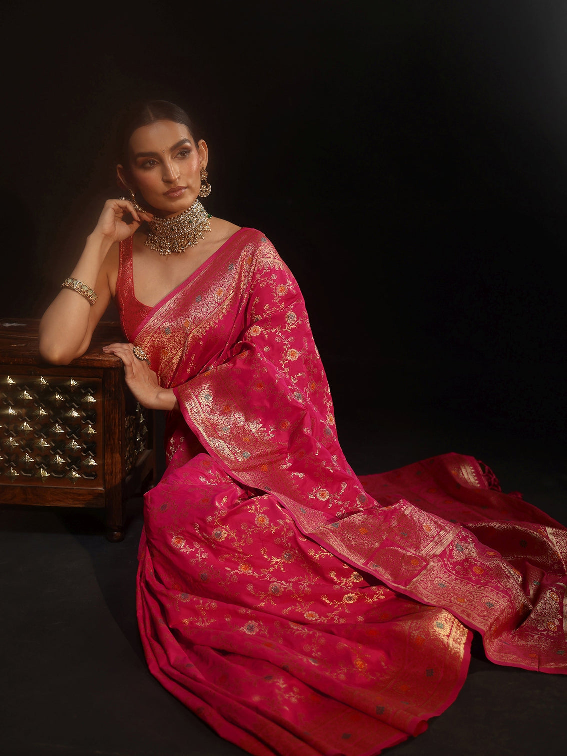 Mameraa Rani Pink Meenakari Banarasi Silk Blend Saree