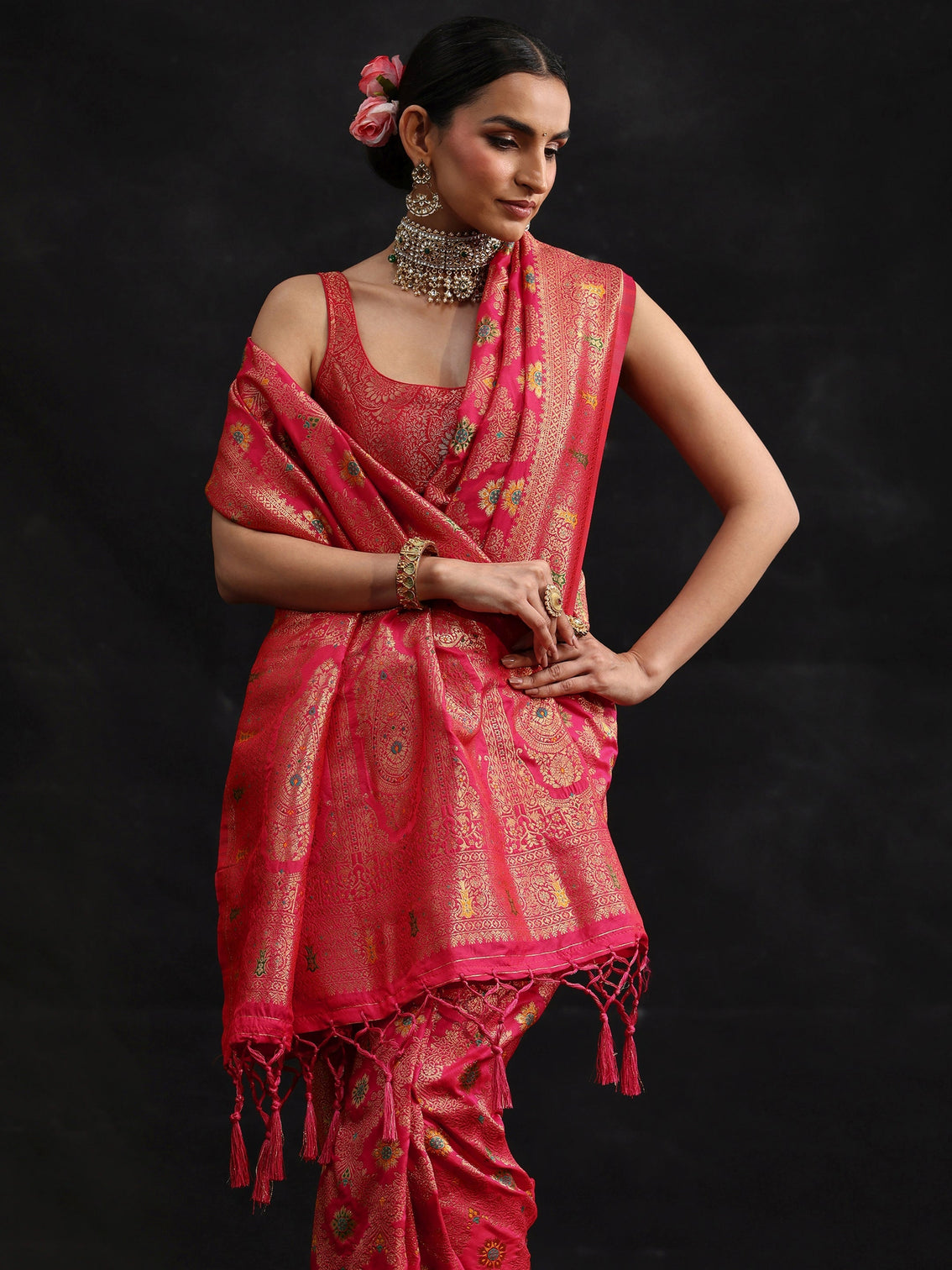 Mameraa Rani Pink Meenakari Banarasi Silk Blend Saree