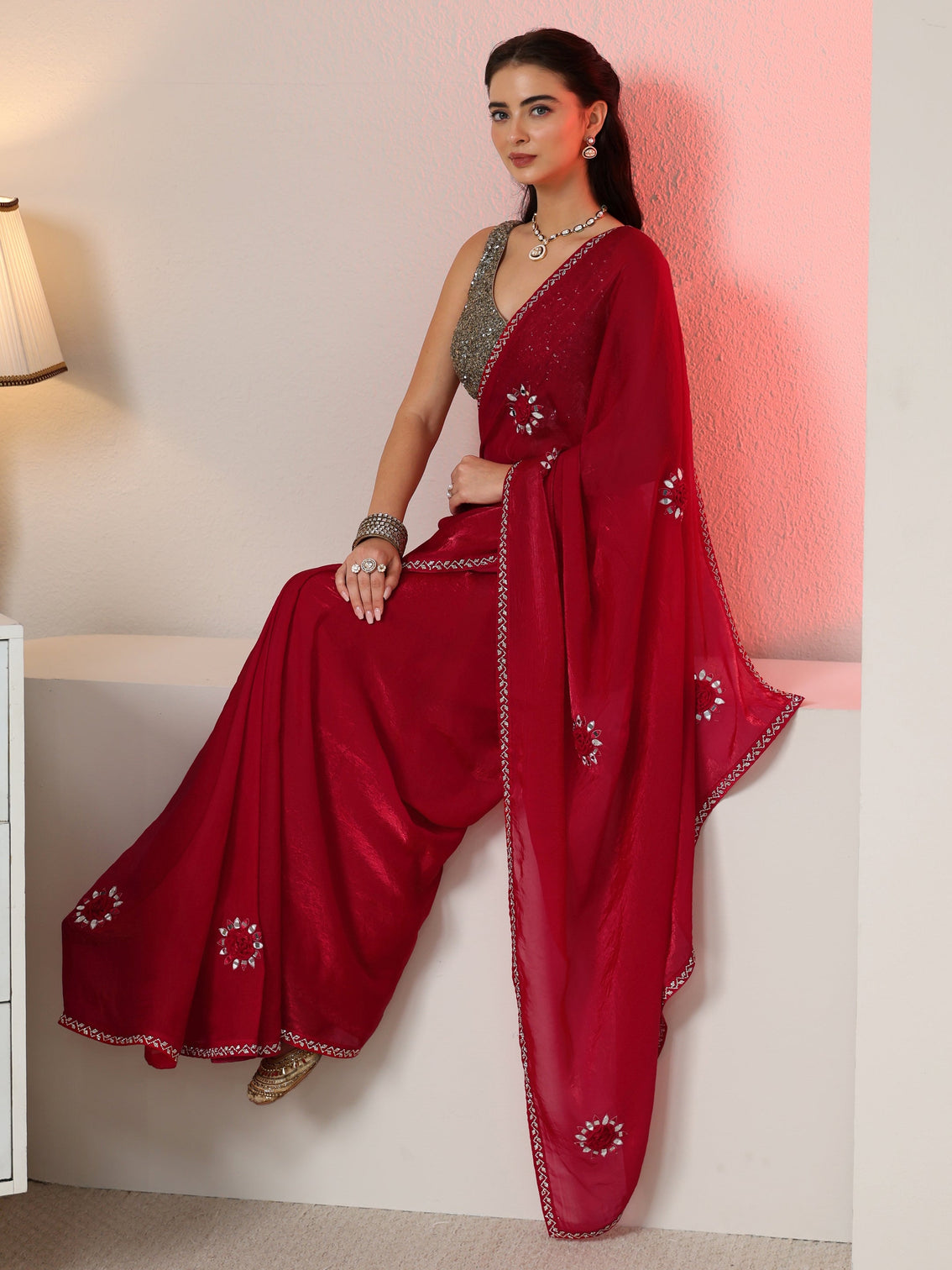Mameraa Rani Pink Mirror Work Tissue Saree with Embellished Border