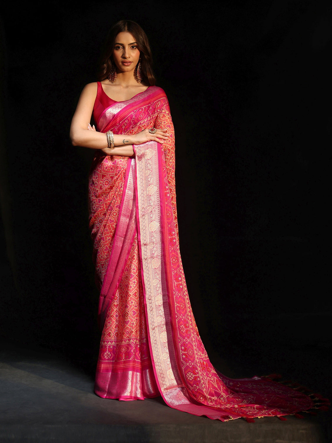 Mameraa Rani Pink Patola Printed Chiffon Saree