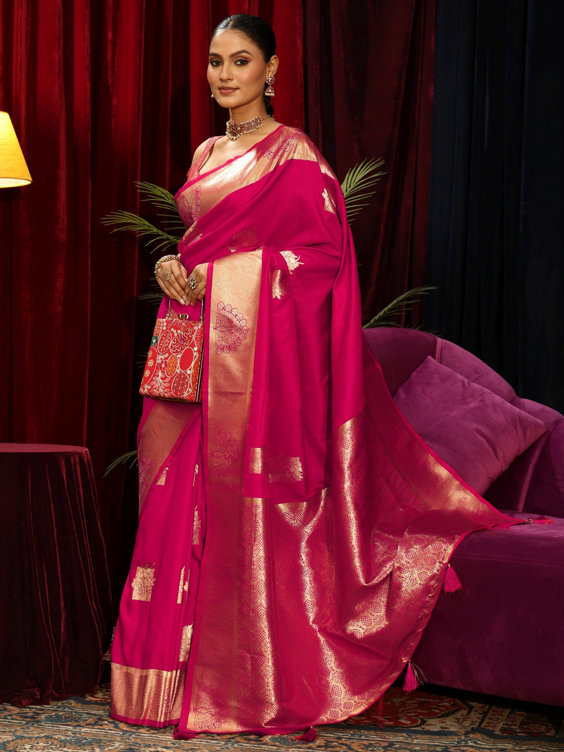 Mameraa Rani Pink Peacock Woven Design Silk Blend Saree