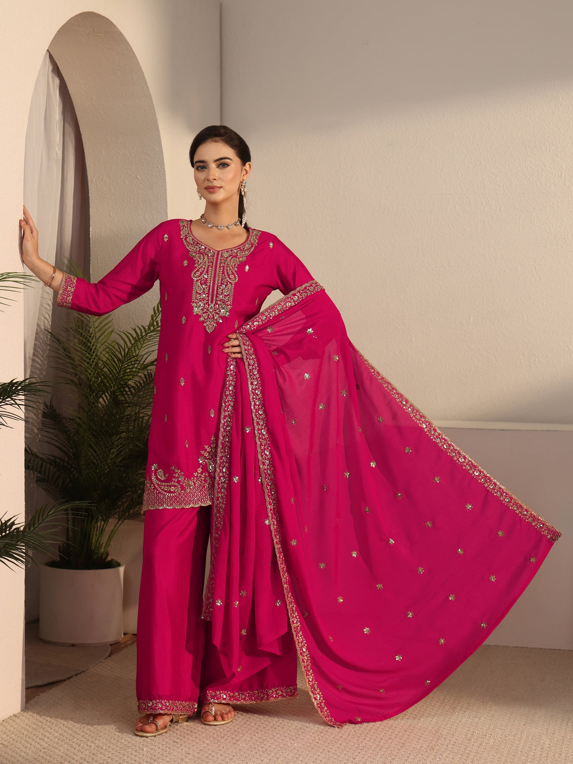 Mameraa Rani Pink Sequin Embellished Chinon Palazzo Suit Set