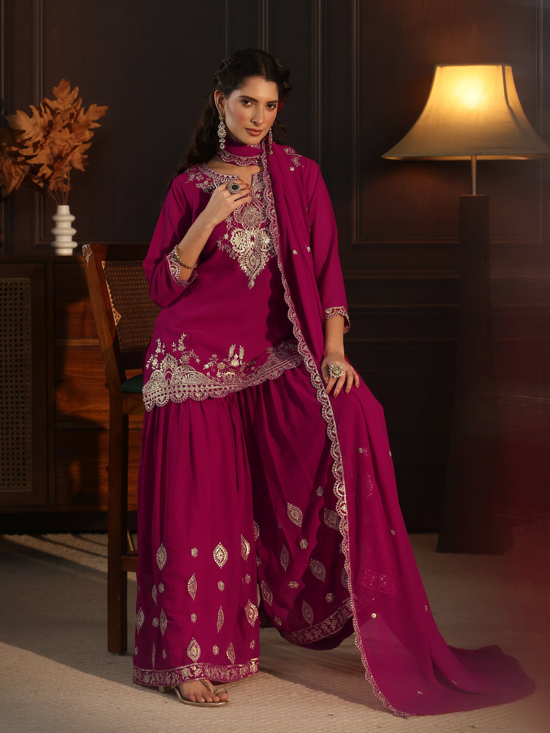 Mameraa Rani Pink Sequin Embellished Georgette Sharara Suit Set
