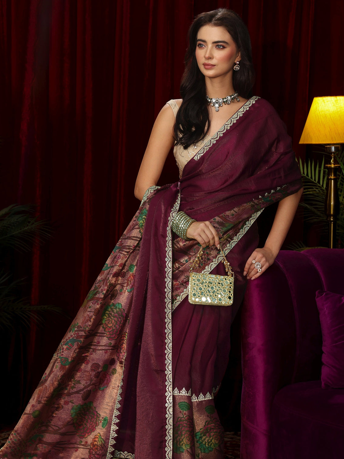 Mameraa Rani Pink Stone Work Embellished Tissue Saree