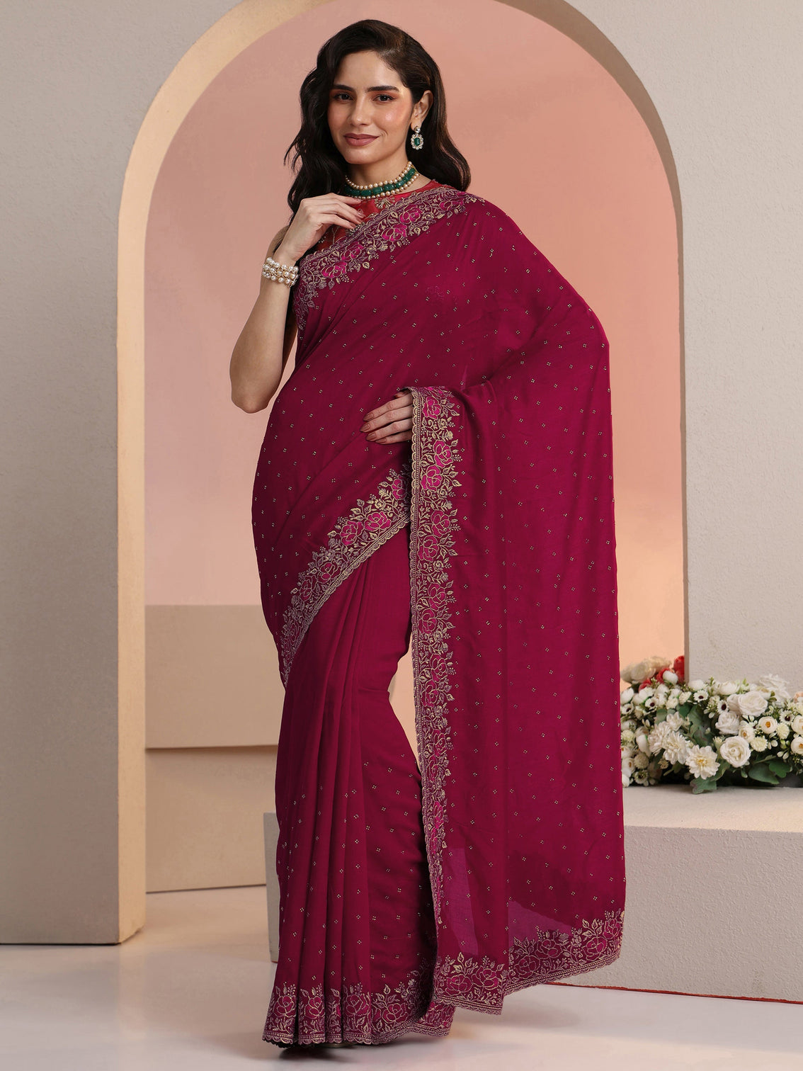 Mameraa Rani Pink Stone Work Embelllished Silk Blend Saree