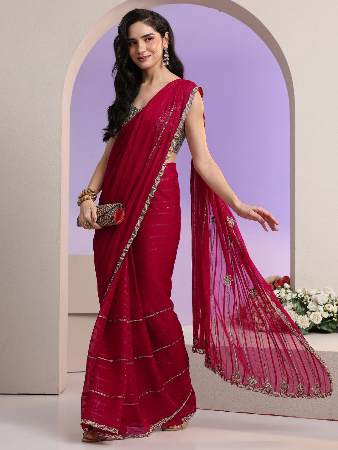 Mameraa Rani Pink Striped Embellished Chiffon Saree