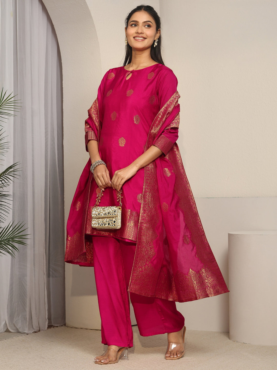 Mameraa Rani Pink Woven Chanderi Silk Palazzo Suit Set