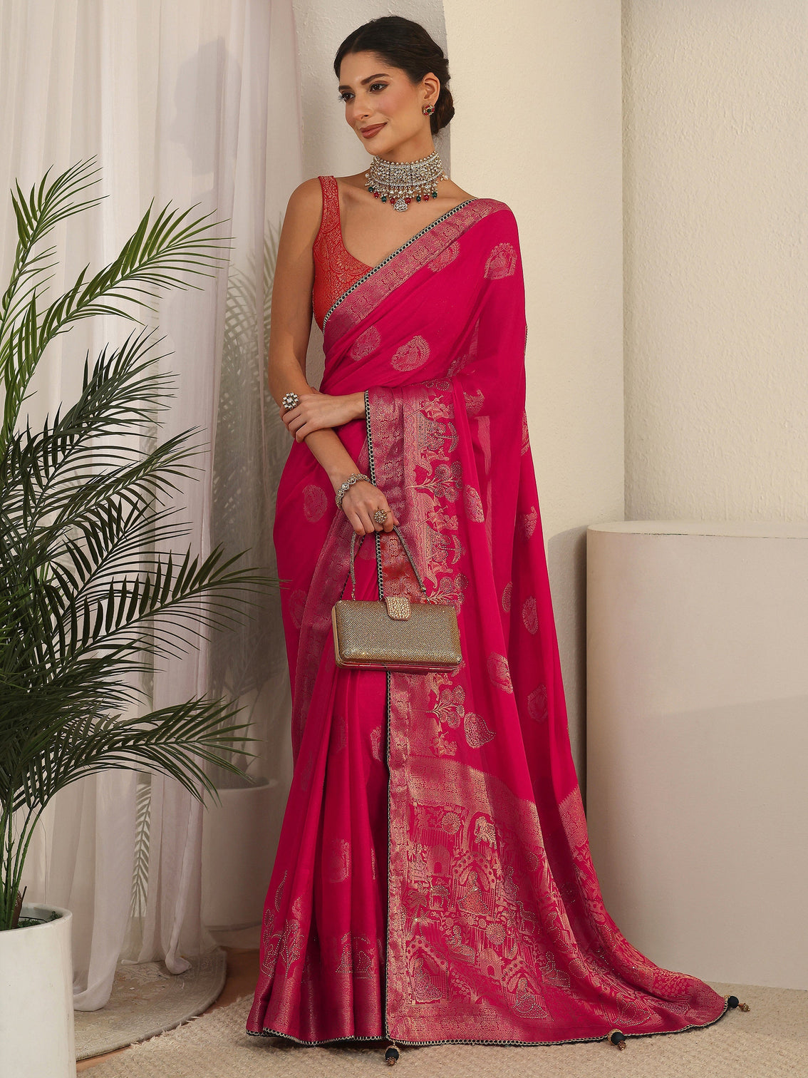 Mameraa Rani Pink Woven Design Chiffon Saree