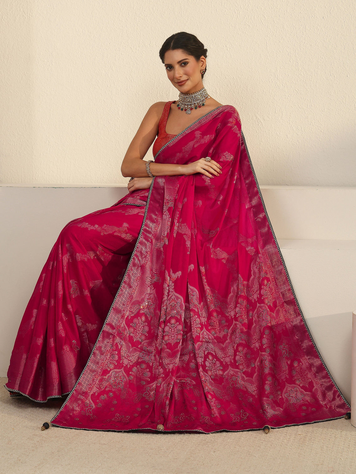 Mameraa Rani Pink Woven Design Chiffon Saree