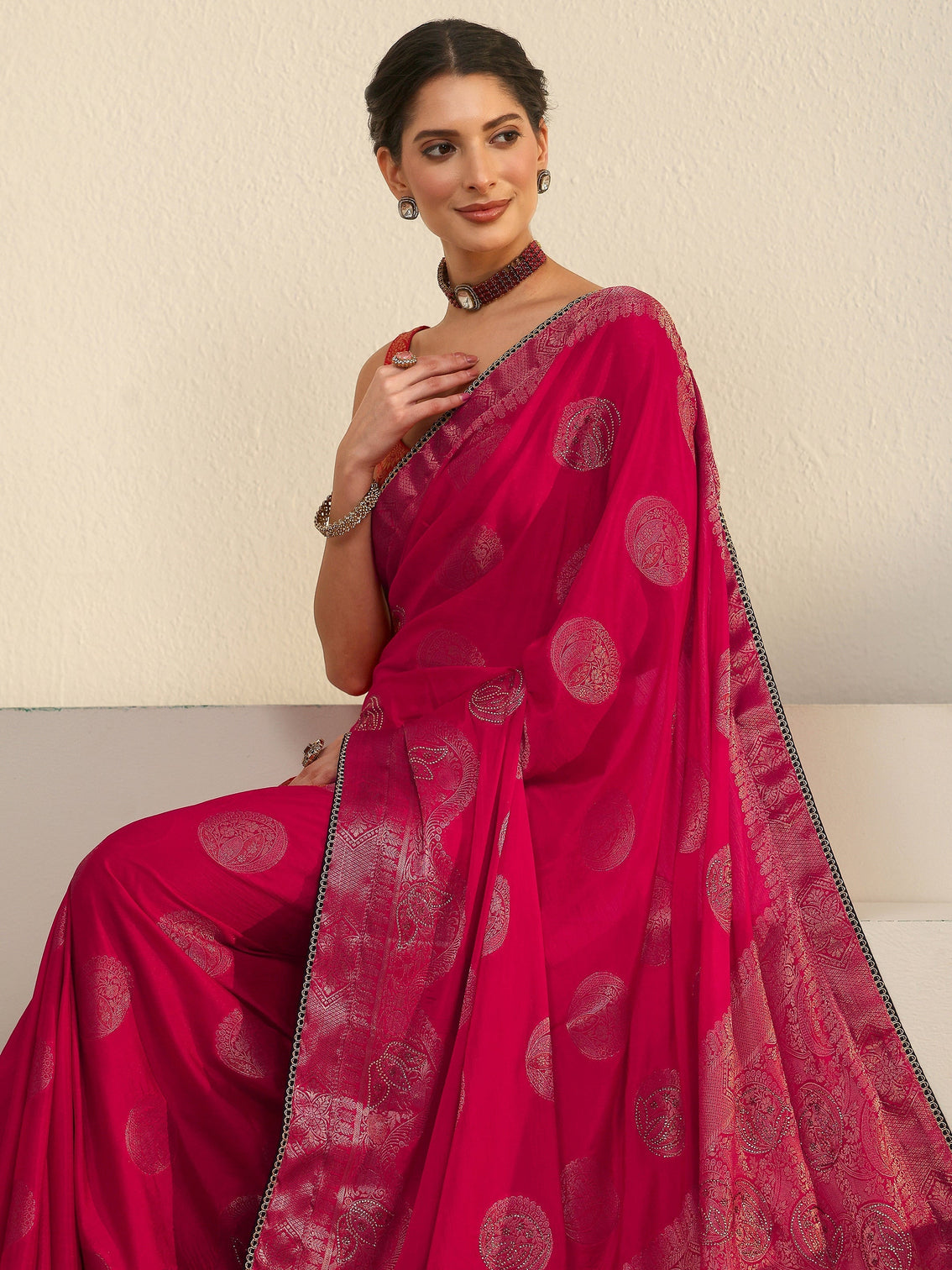 Mameraa Rani Pink Woven Design Chiffon Saree