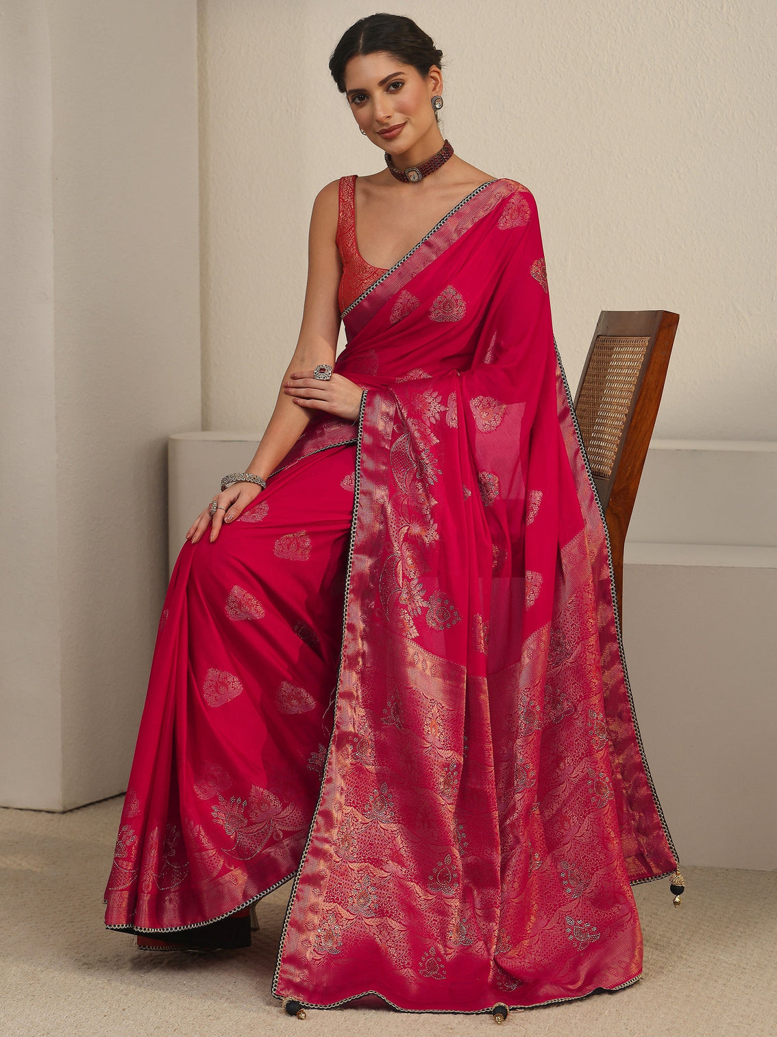 Mameraa Rani Pink Woven Design Chiffon Saree