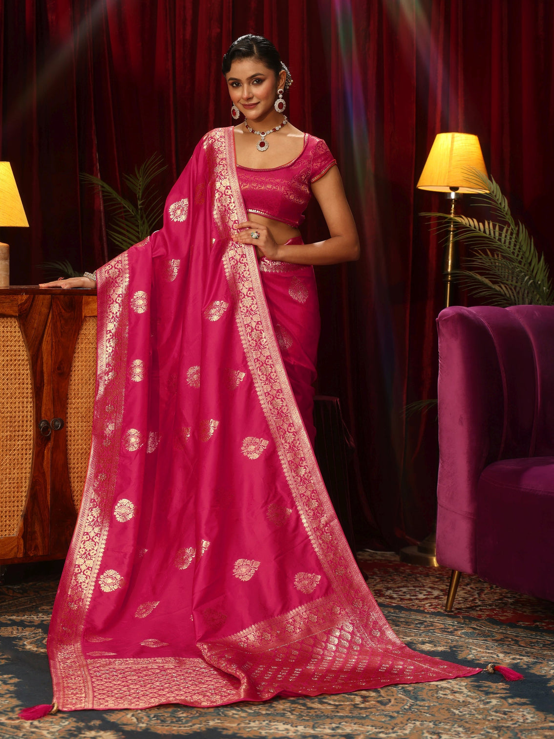 Mameraa Rani Pink Woven Design Embellished Silk Blend Saree