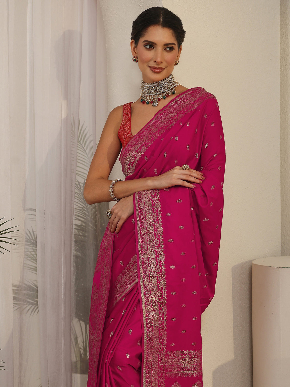 Mameraa Rani Pink Woven Design Satin Saree