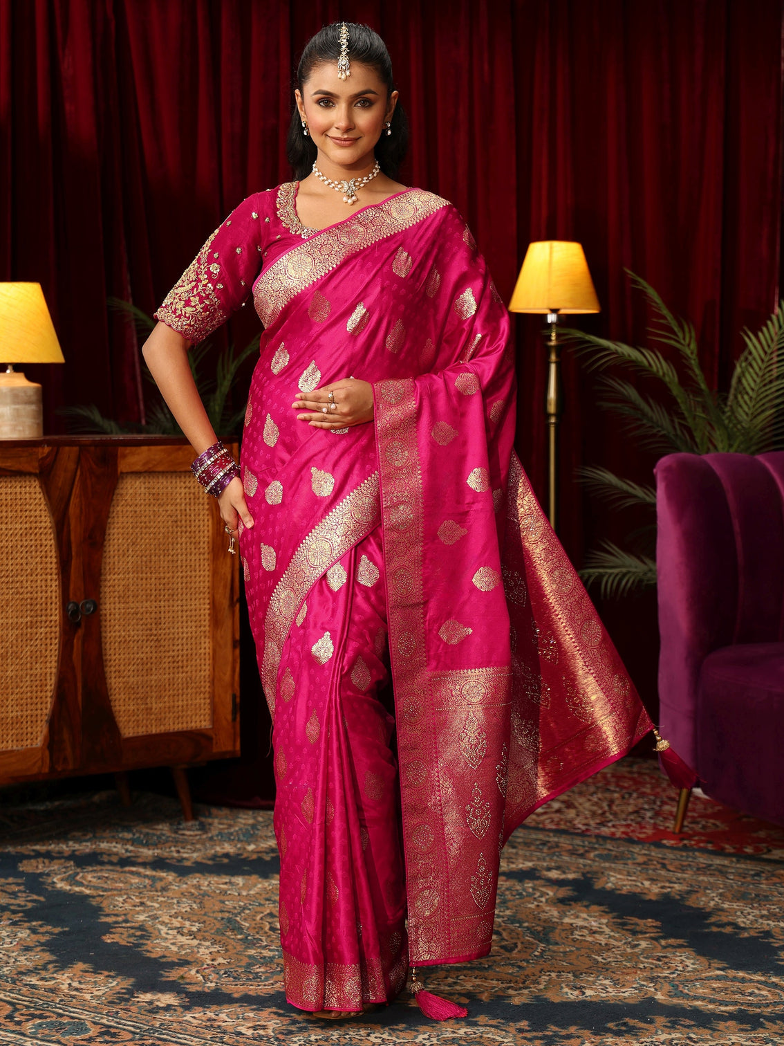 Mameraa Rani Pink Woven Design Satin Saree with Stone Work