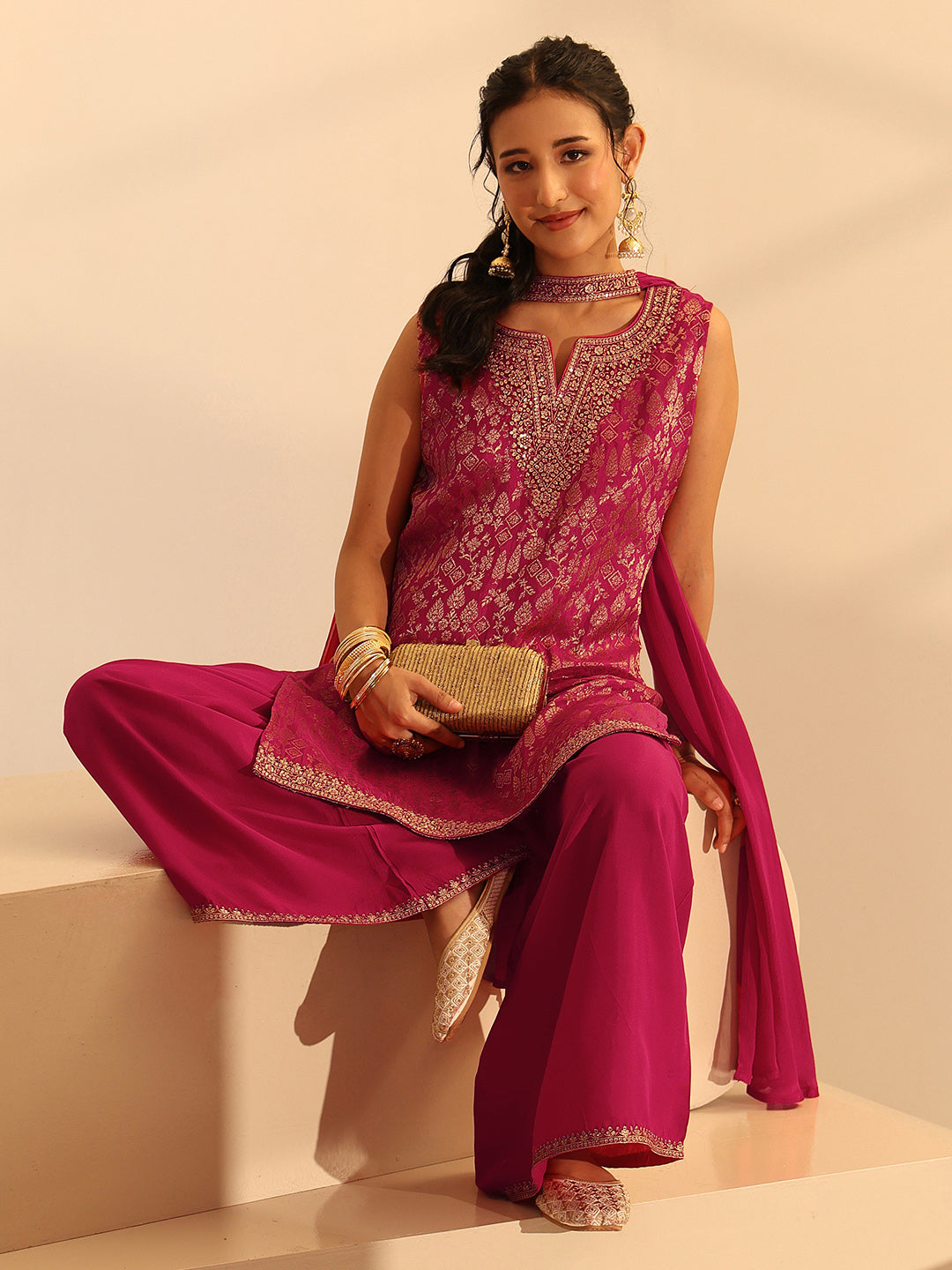Mameraa Rani Pink Woven Design Silk Blend Palazzo Suit Set