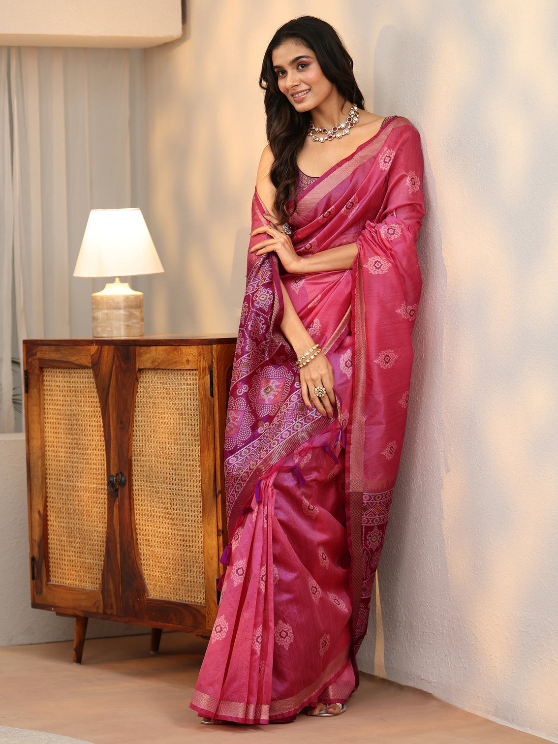 Mameraa Rani Pink Woven Design Silk Blend Saree