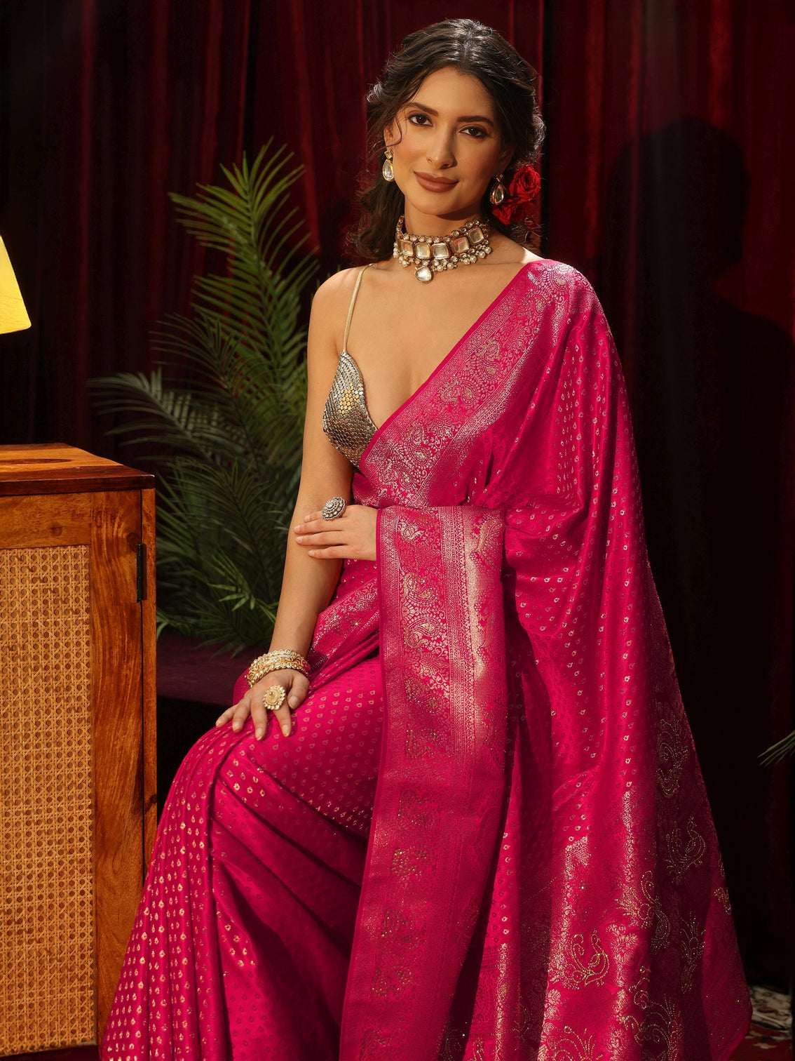 Mameraa Rani Pink Woven Design Silk Blend Saree