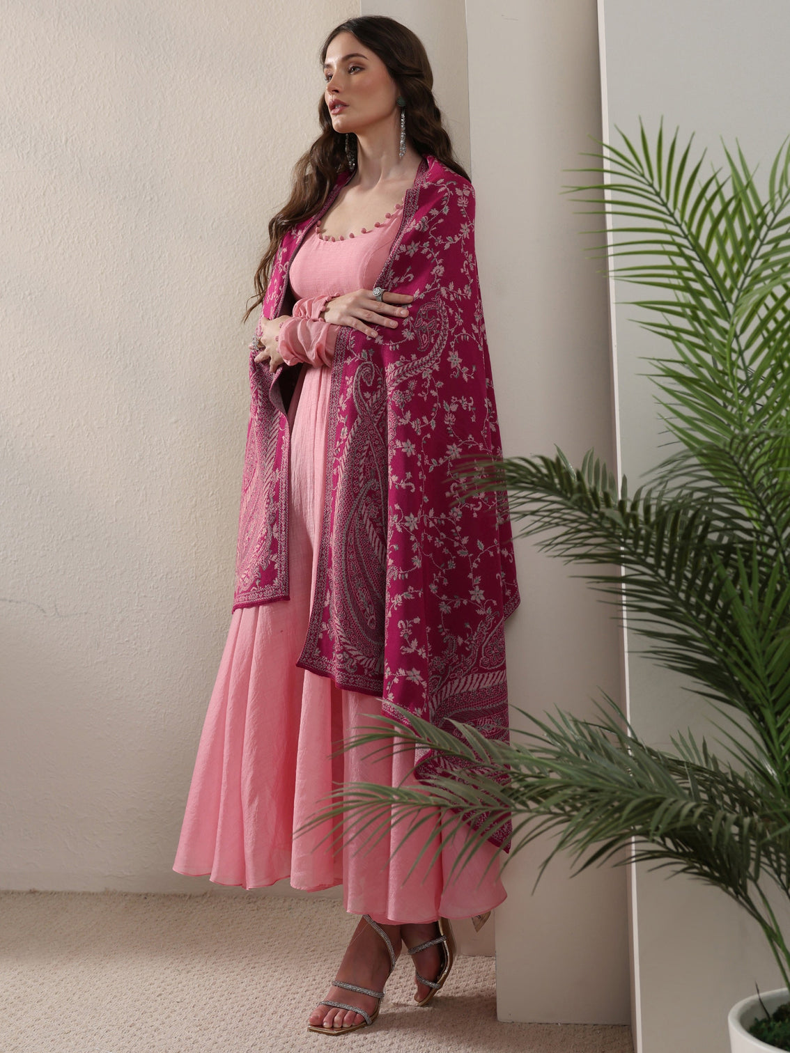 Mameraa Raspberry Pink Paisley Knitted Acrylic Shawl