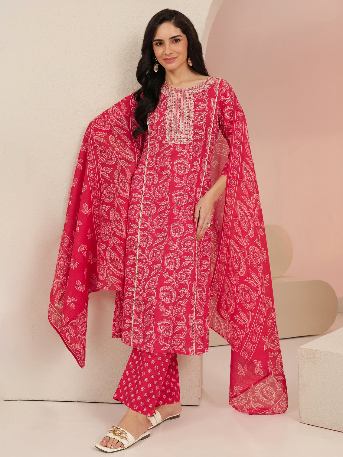 Mameraa Raspberry Red Floral Printed Cotton Straight Suit Set