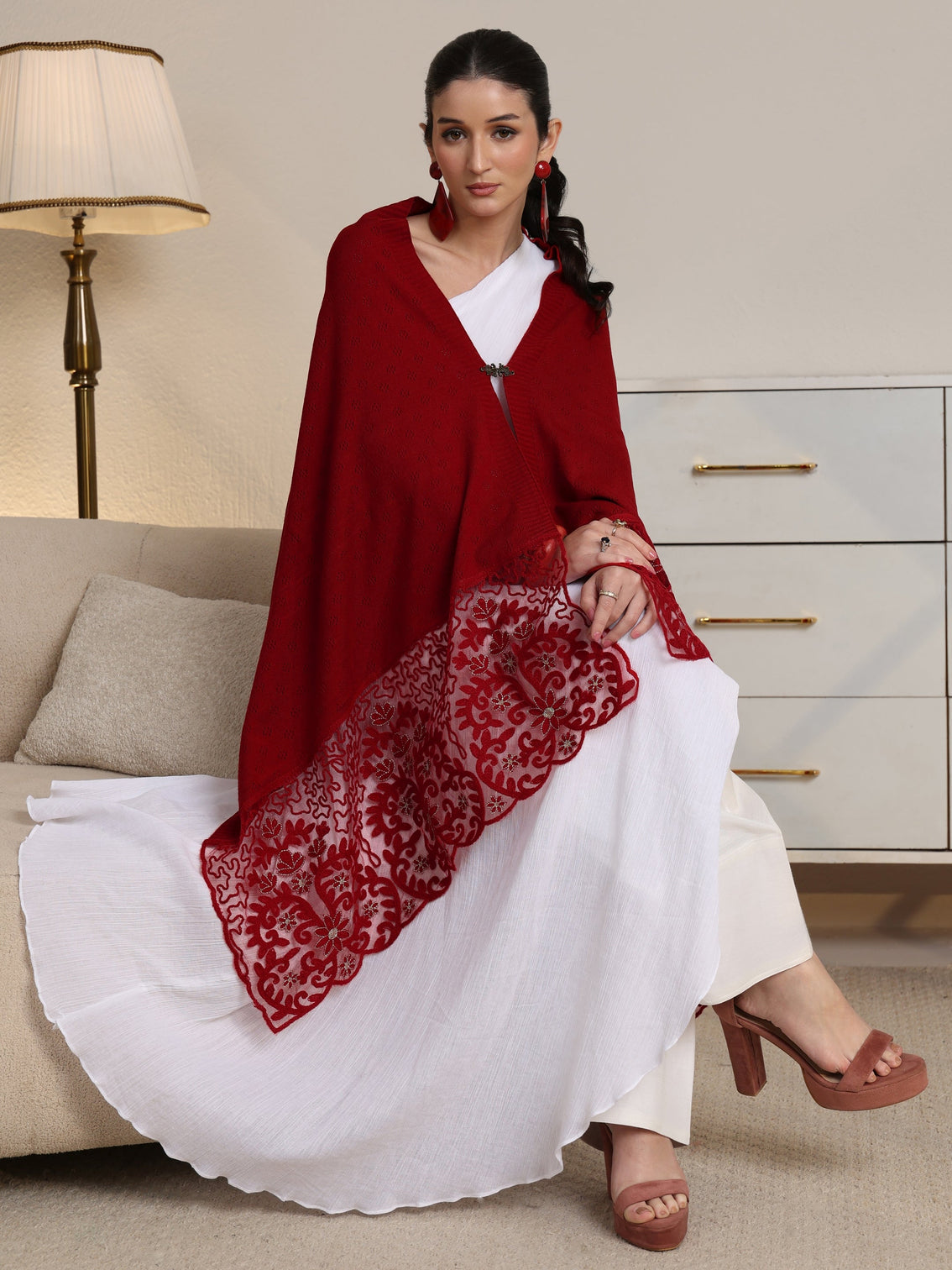 Mameraa Red  Knitted Lace Acrylic Wrap Shawl