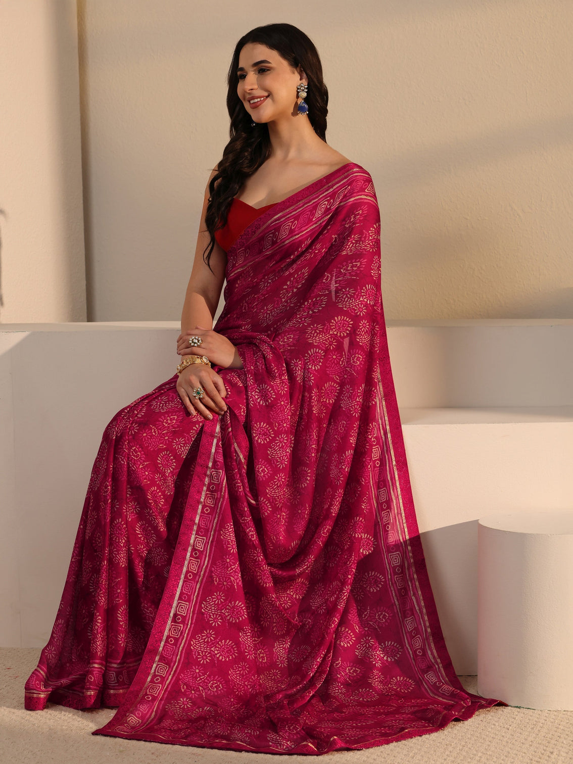 Mameraa Red Block Printed Silk Blend Saree