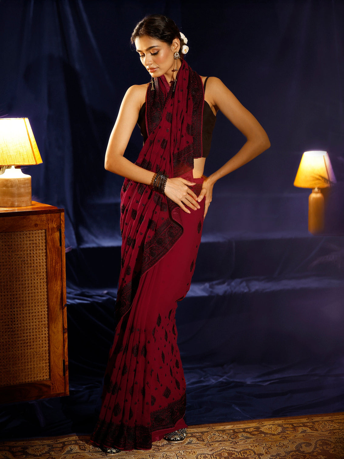 Mameraa Red Embroidered Georgette Saree