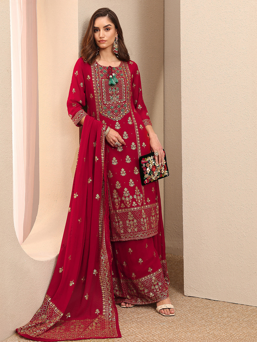 Mameraa Red Embroidered Georgette Straight Suit Set With Dupatta
