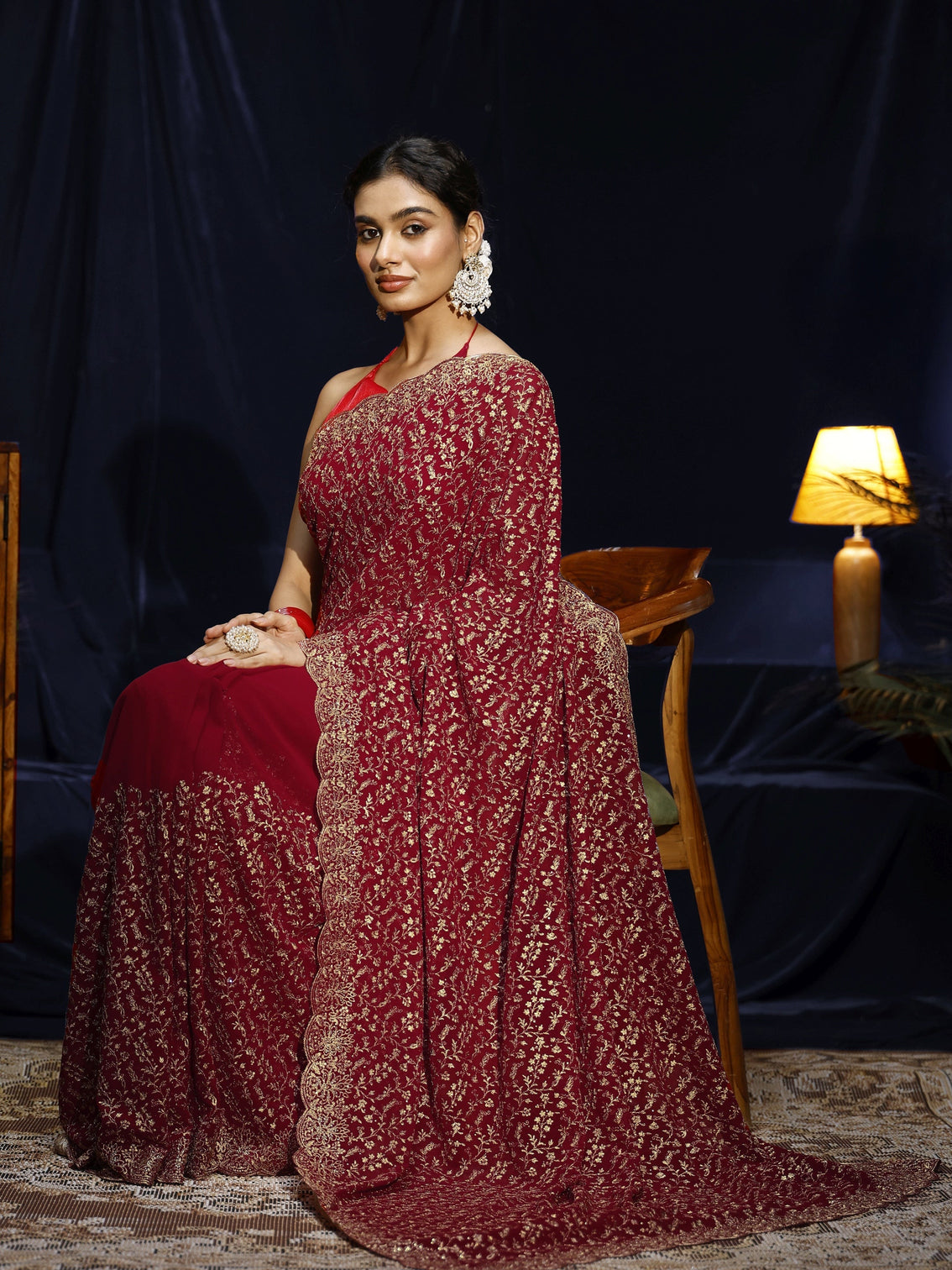 Mameraa Red Floral Embroidered Georgette Saree