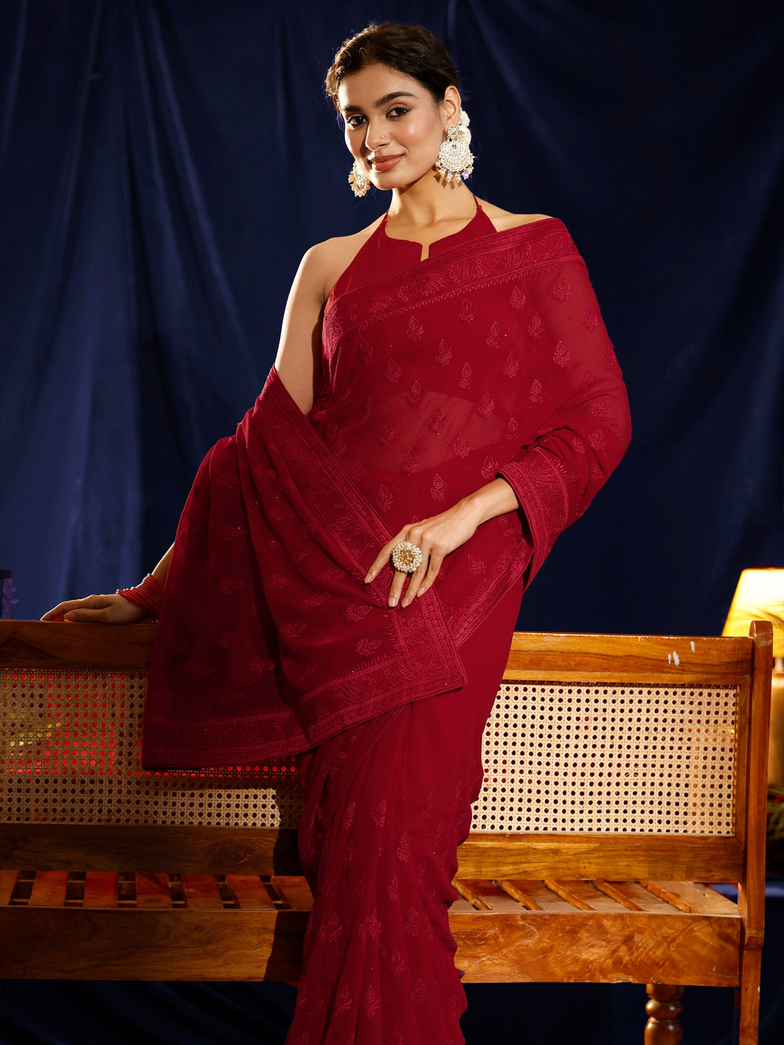 Mameraa Red Floral Embroidered Georgette Saree