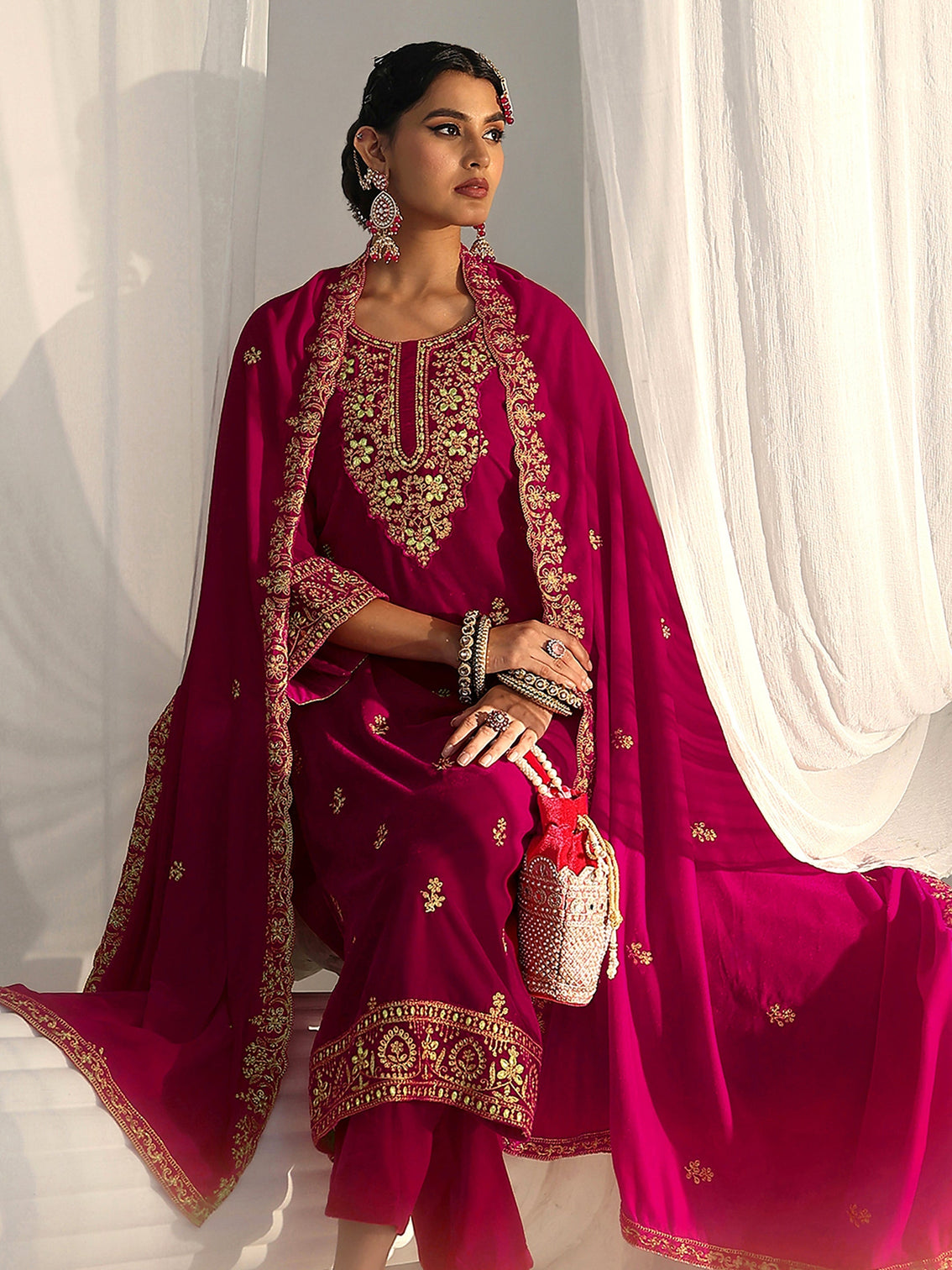 Mameraa Red Floral Embroidered Velvet Straight Suit Set - Mameraa