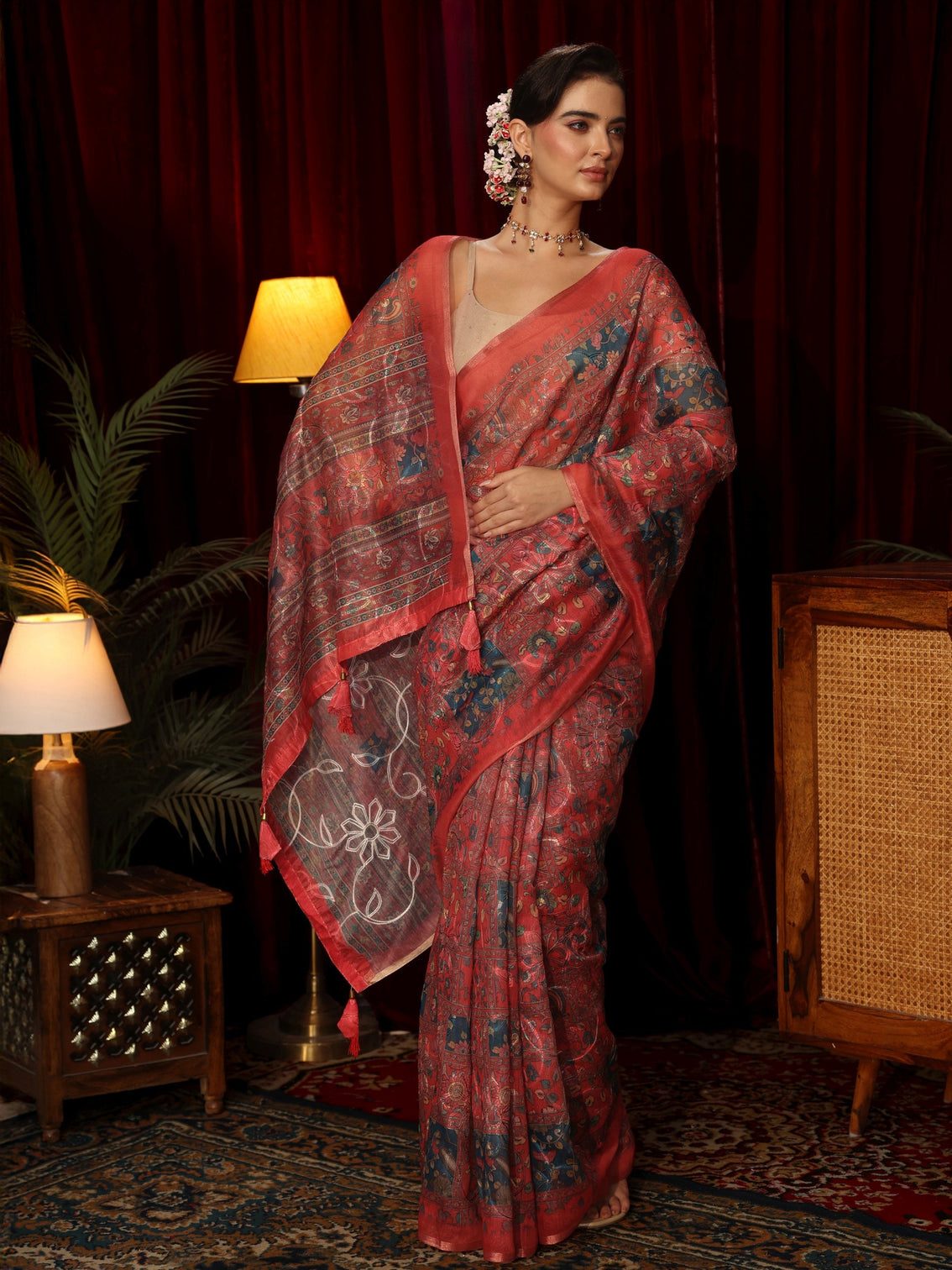 Mameraa Red Floral Printed Silk Blend Saree