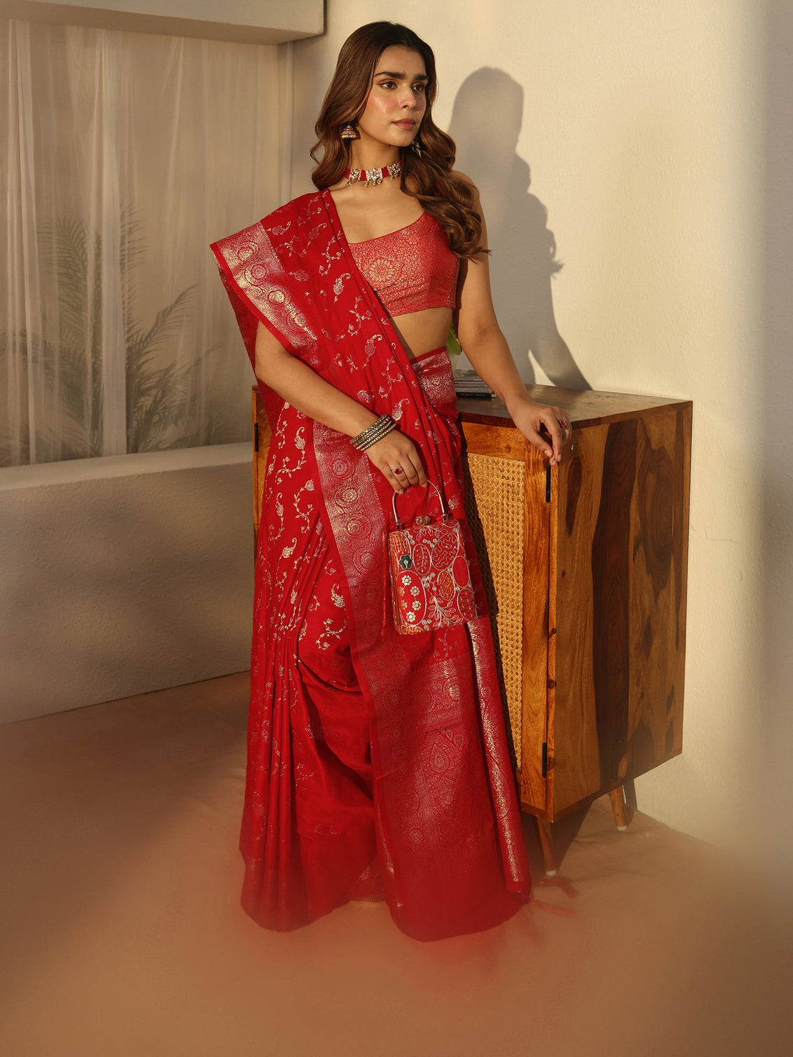 Mameraa Red Paisley Banarasi Silk Blend Saree