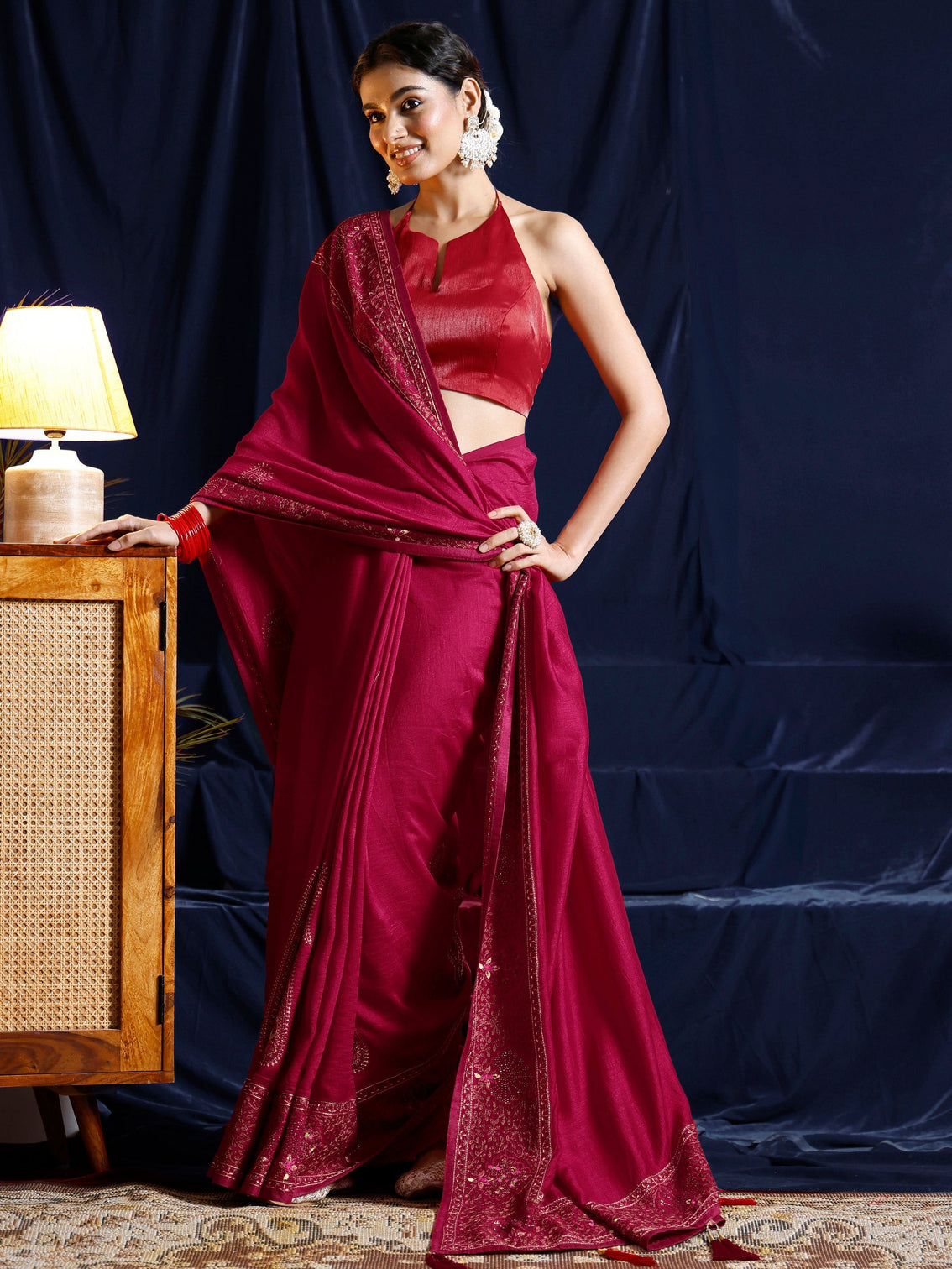 Mameraa Red Paisley Embroidered Silk blend Saree
