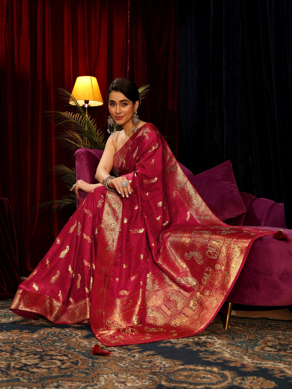 Mameraa Red Peacock Woven Design Embellished Silk Blend Saree
