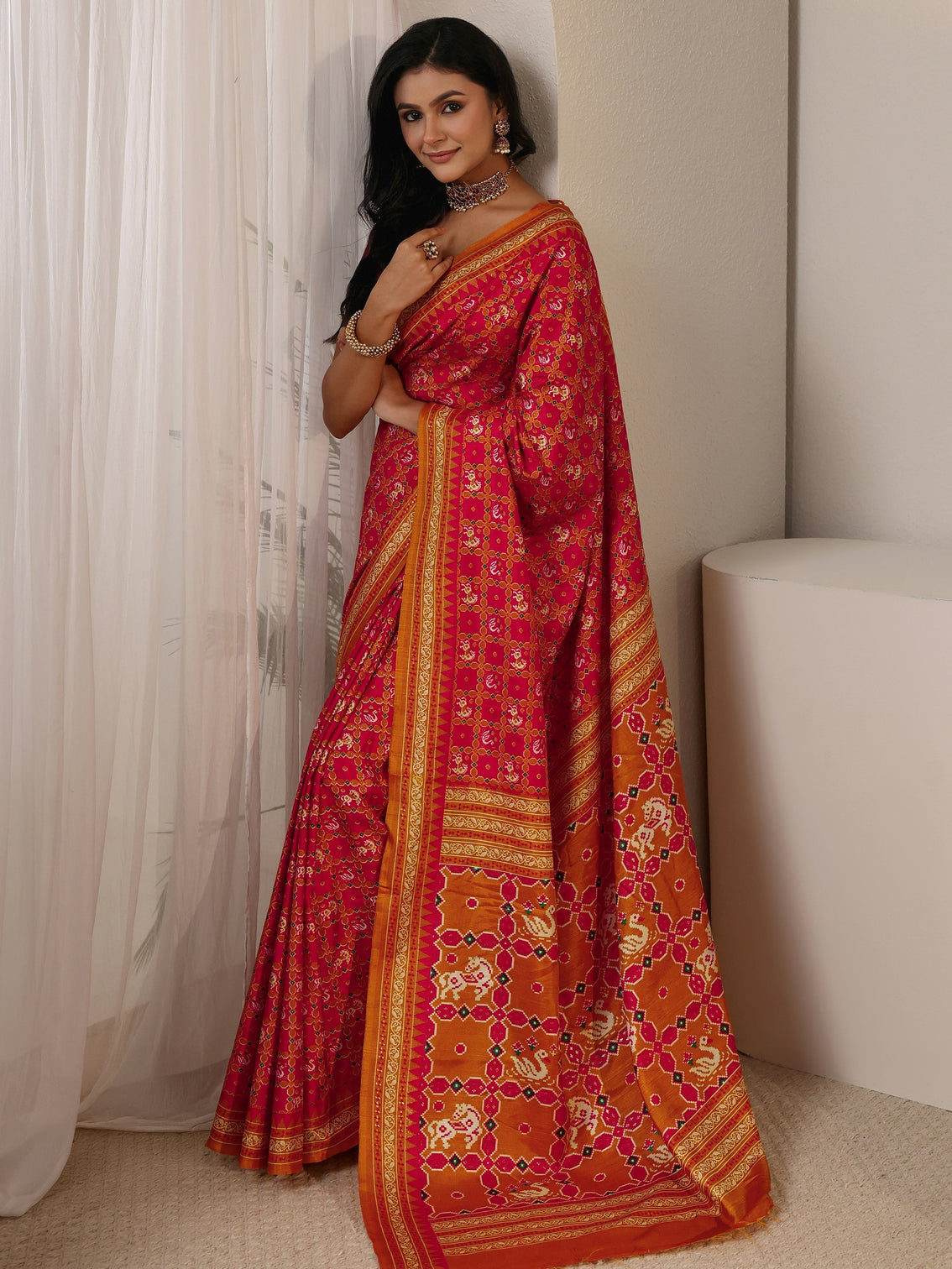 Mameraa Red Printed Silk Blend Saree