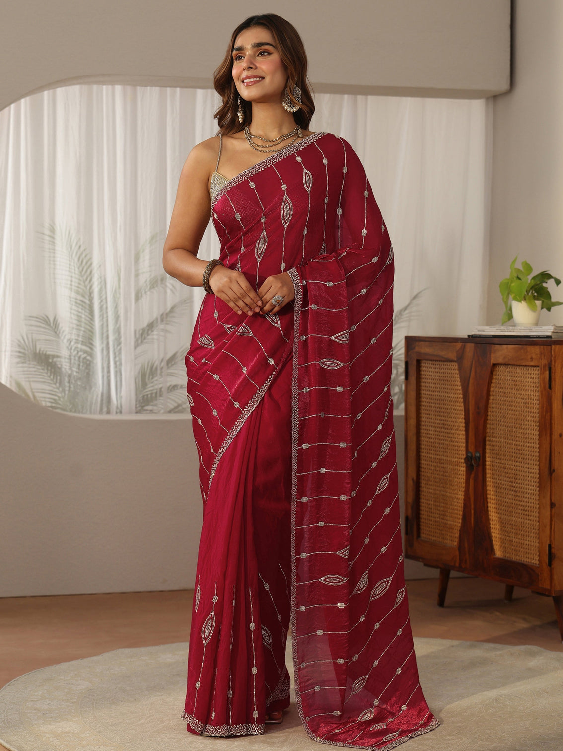 Mameraa Red Stone Work Embellished Silk Blend Saree