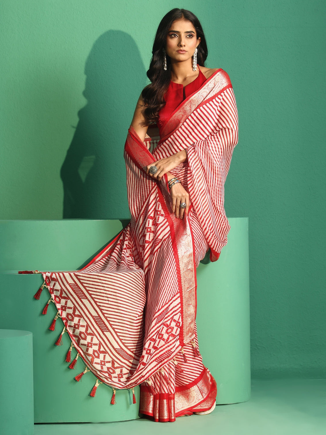 Mameraa Red Striped Chiffon Saree